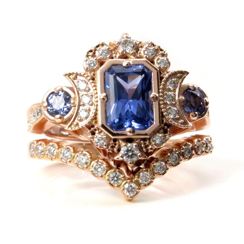 Chatham Sapphire Selene Celestial Engagement Ring Set - Diamonds and Emerald Cut Blue Chatham Sapphires - 14k Rose Gold - Image 2