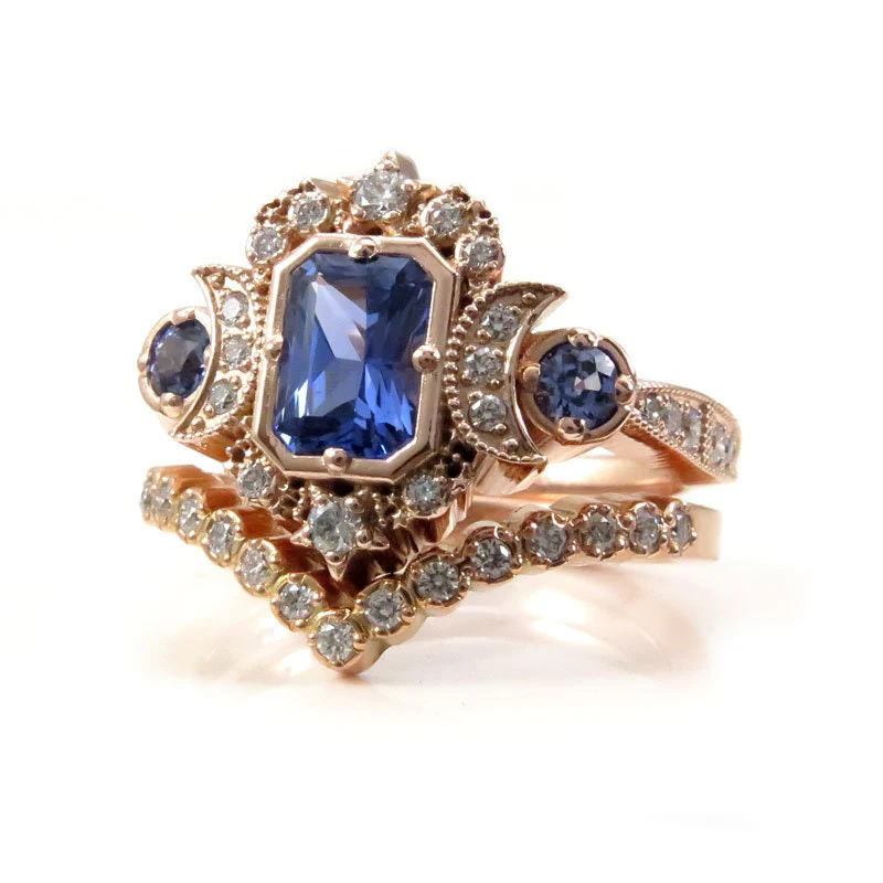 Chatham Sapphire Selene Celestial Engagement Ring Set - Diamonds and Emerald Cut Blue Chatham Sapphires - 14k Rose Gold - Image 6