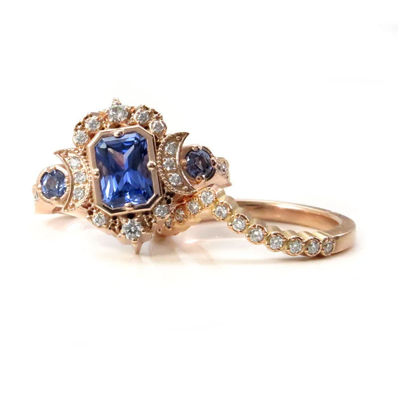 Chatham Sapphire Selene Celestial Engagement Ring Set - Diamonds and Emerald Cut Blue Chatham Sapphires - 14k Rose Gold - Image 8