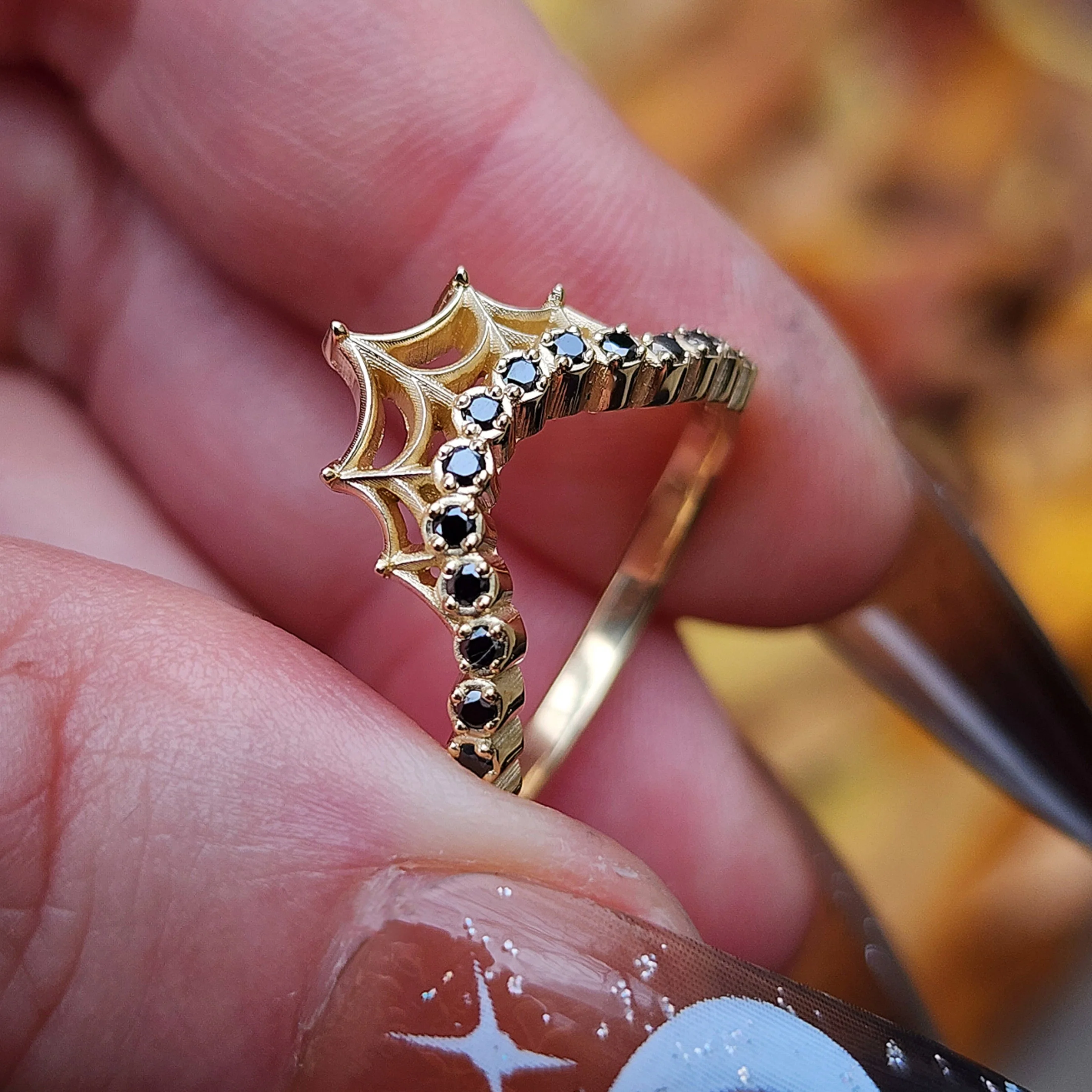 Cob Web Wedding Band with Black or White Diamonds - Spider Web Stacking Ring 14k Gold Gothic Fine Jewelry - Image 2