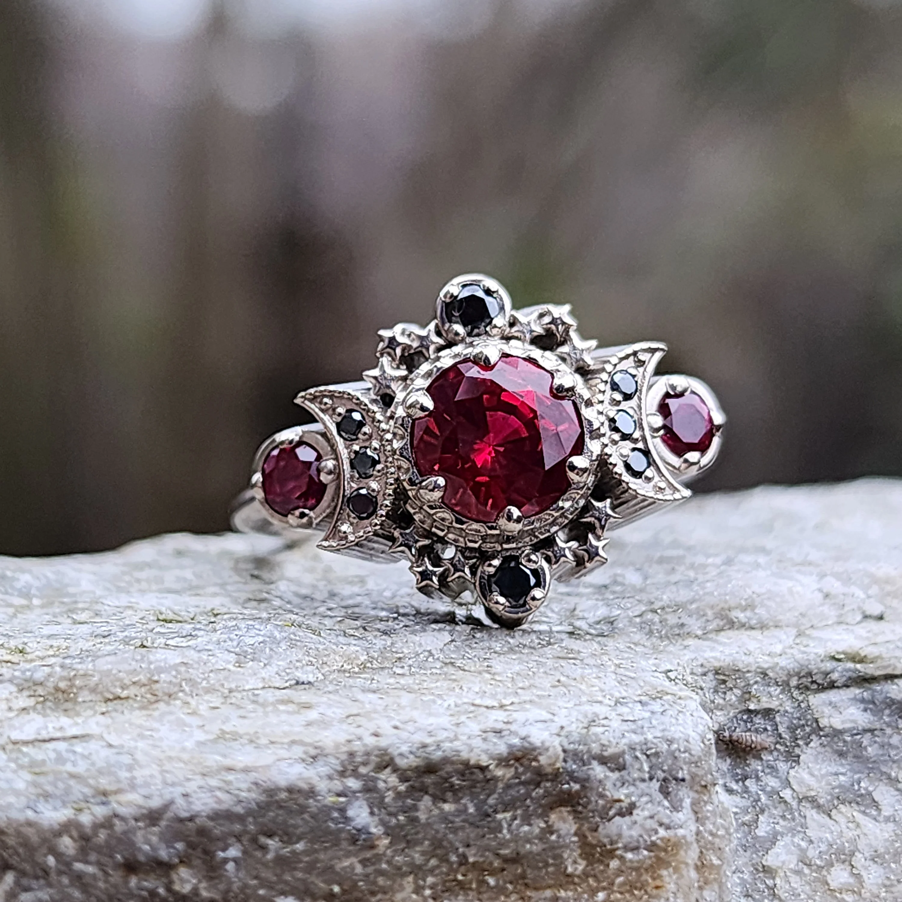 Blood Moon Chatham Ruby Engagement Ring with Black Diamonds Cosmos Gothic Triple Moon Wedding Ring - 14k Palladium Gold - Image 2