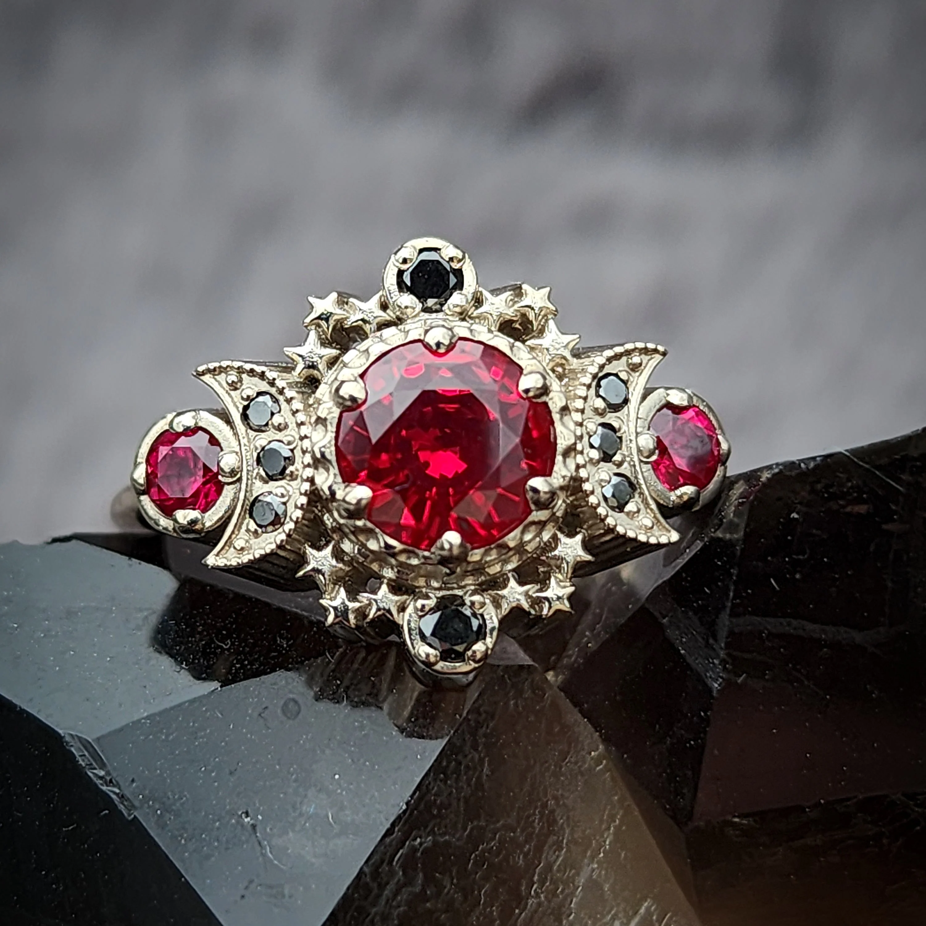 Blood Moon Chatham Ruby Engagement Ring with Black Diamonds Cosmos Gothic Triple Moon Wedding Ring - 14k Palladium Gold - Image 3