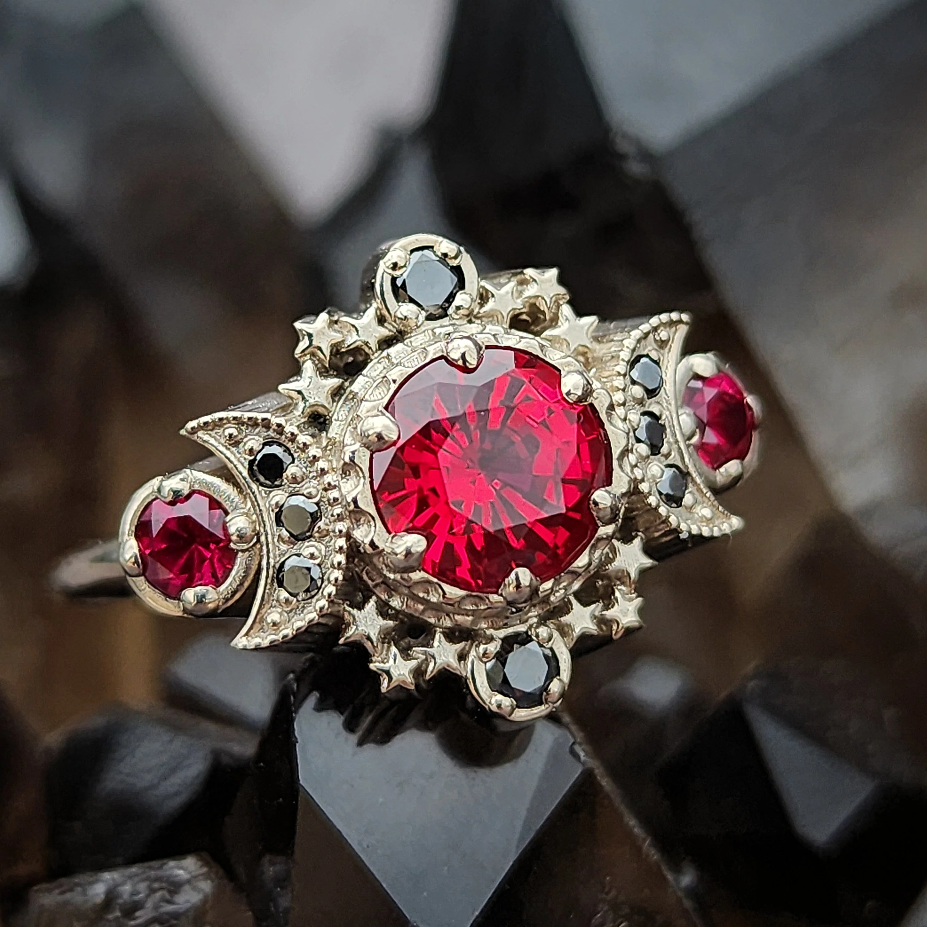 Blood Moon Chatham Ruby Engagement Ring with Black Diamonds Cosmos Gothic Triple Moon Wedding Ring - 14k Palladium Gold - Image 4