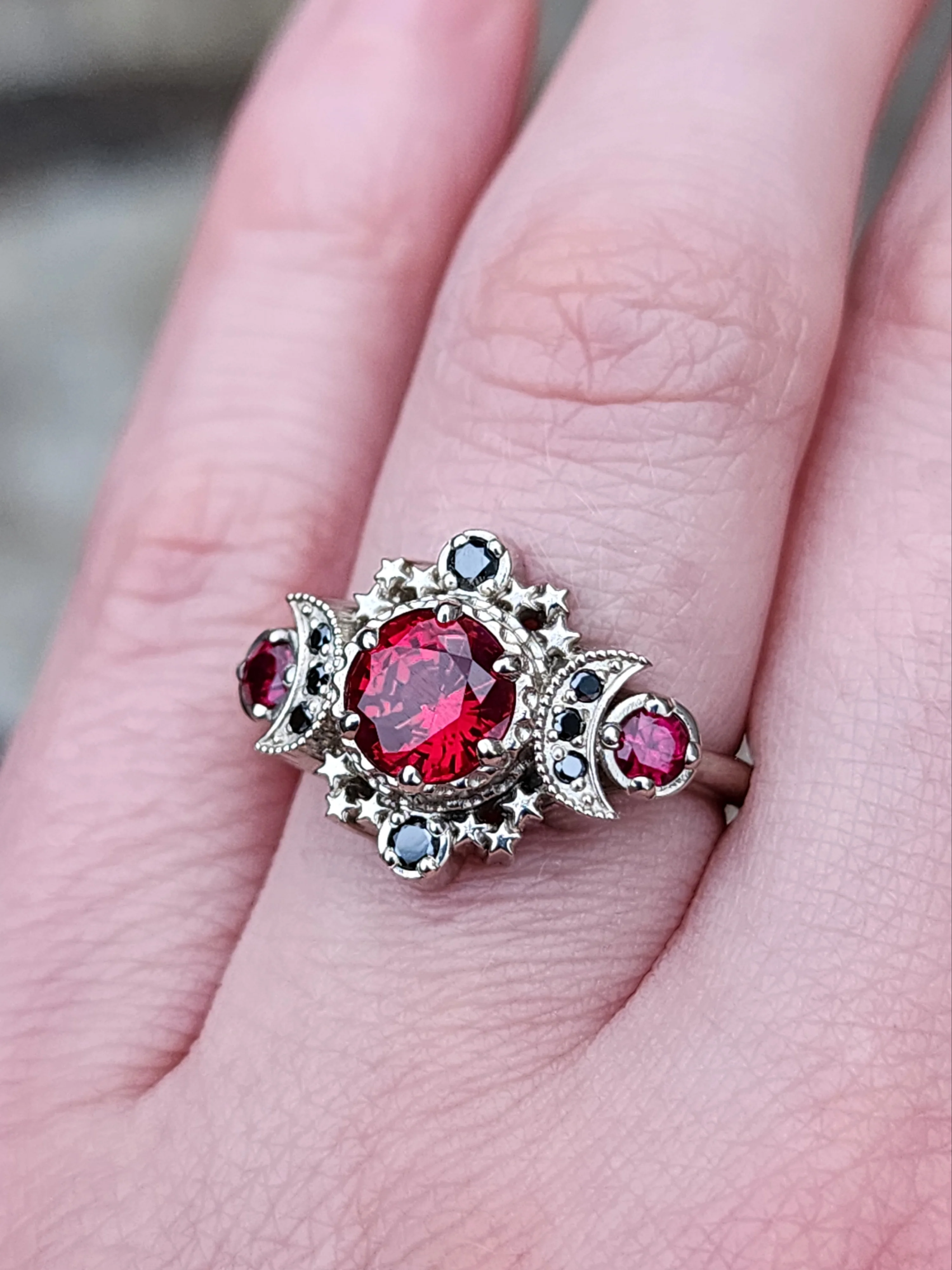 Blood Moon Chatham Ruby Engagement Ring with Black Diamonds Cosmos Gothic Triple Moon Wedding Ring - 14k Palladium Gold - Image 5
