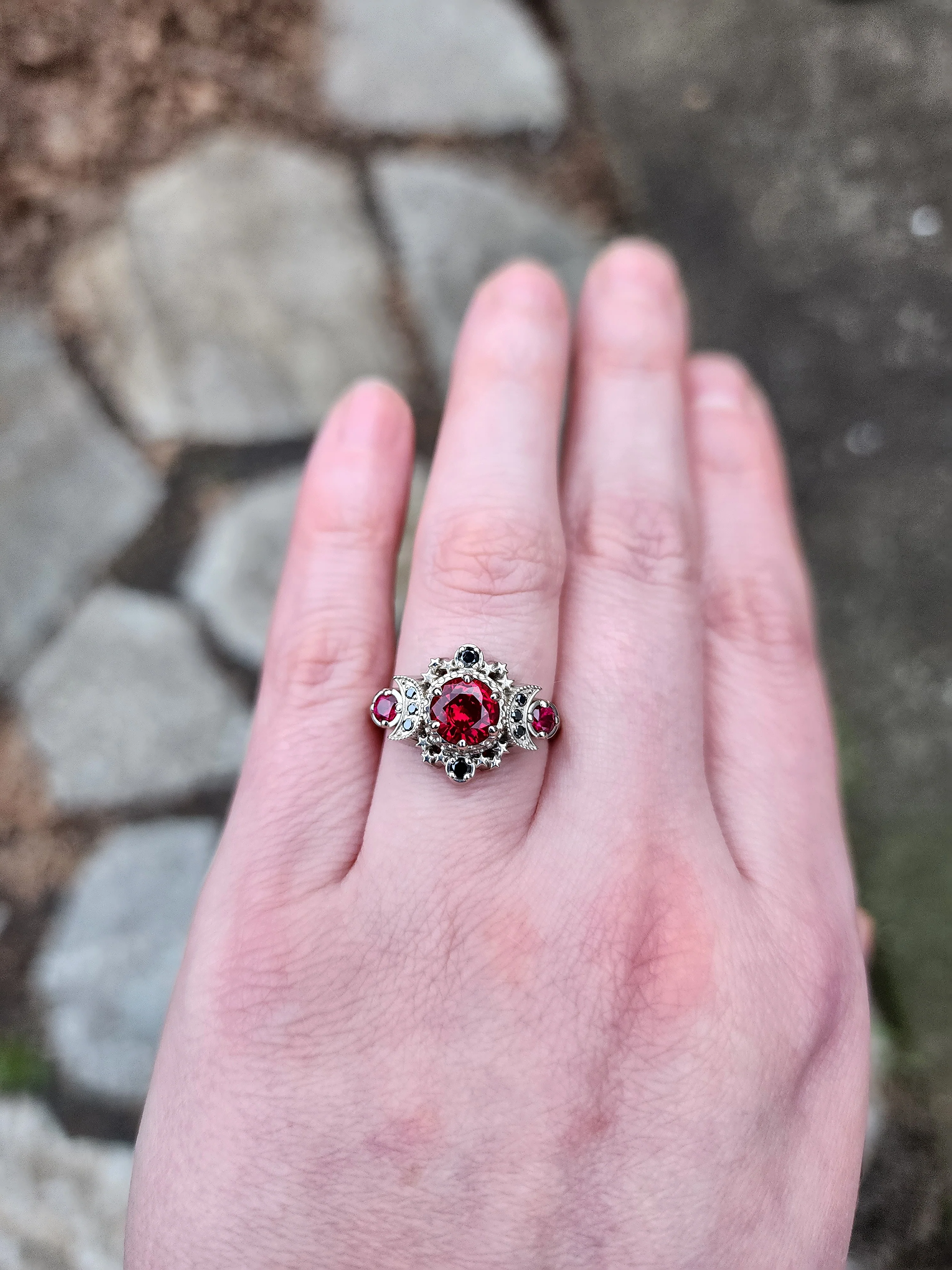 Blood Moon Chatham Ruby Engagement Ring with Black Diamonds Cosmos Gothic Triple Moon Wedding Ring - 14k Palladium Gold - Image 6