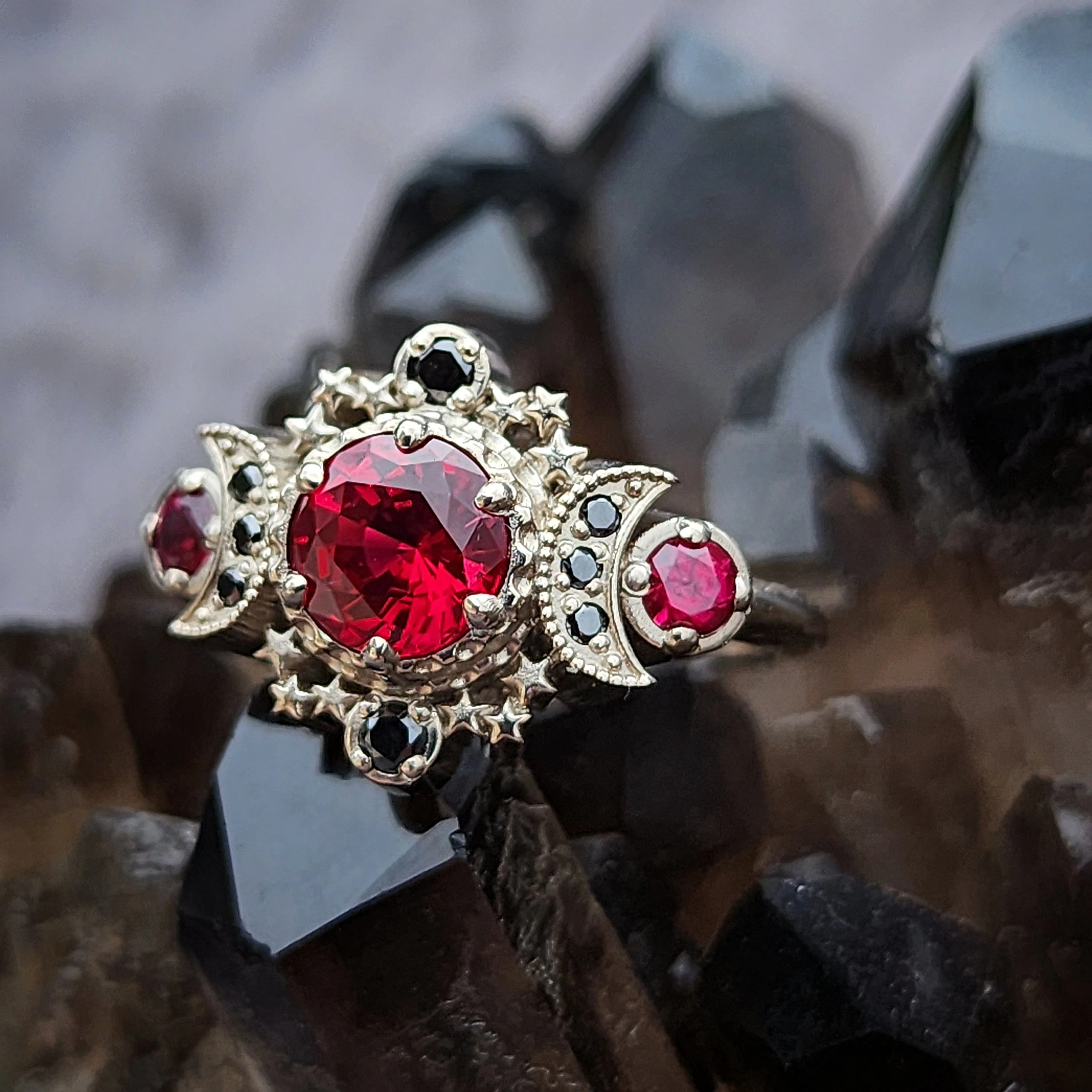 Blood Moon Chatham Ruby Engagement Ring with Black Diamonds Cosmos Gothic Triple Moon Wedding Ring - 14k Palladium Gold - Image 7