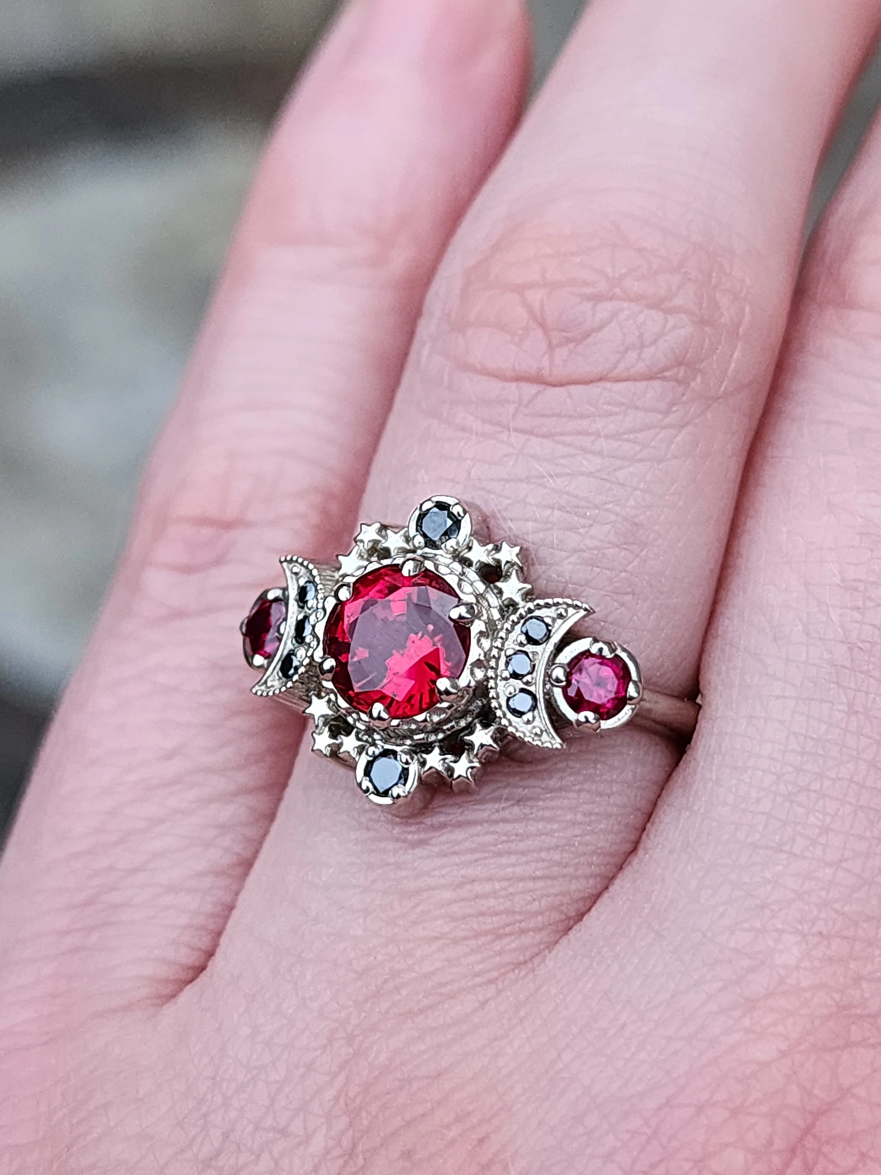 Blood Moon Chatham Ruby Engagement Ring with Black Diamonds Cosmos Gothic Triple Moon Wedding Ring - 14k Palladium Gold - Image 8