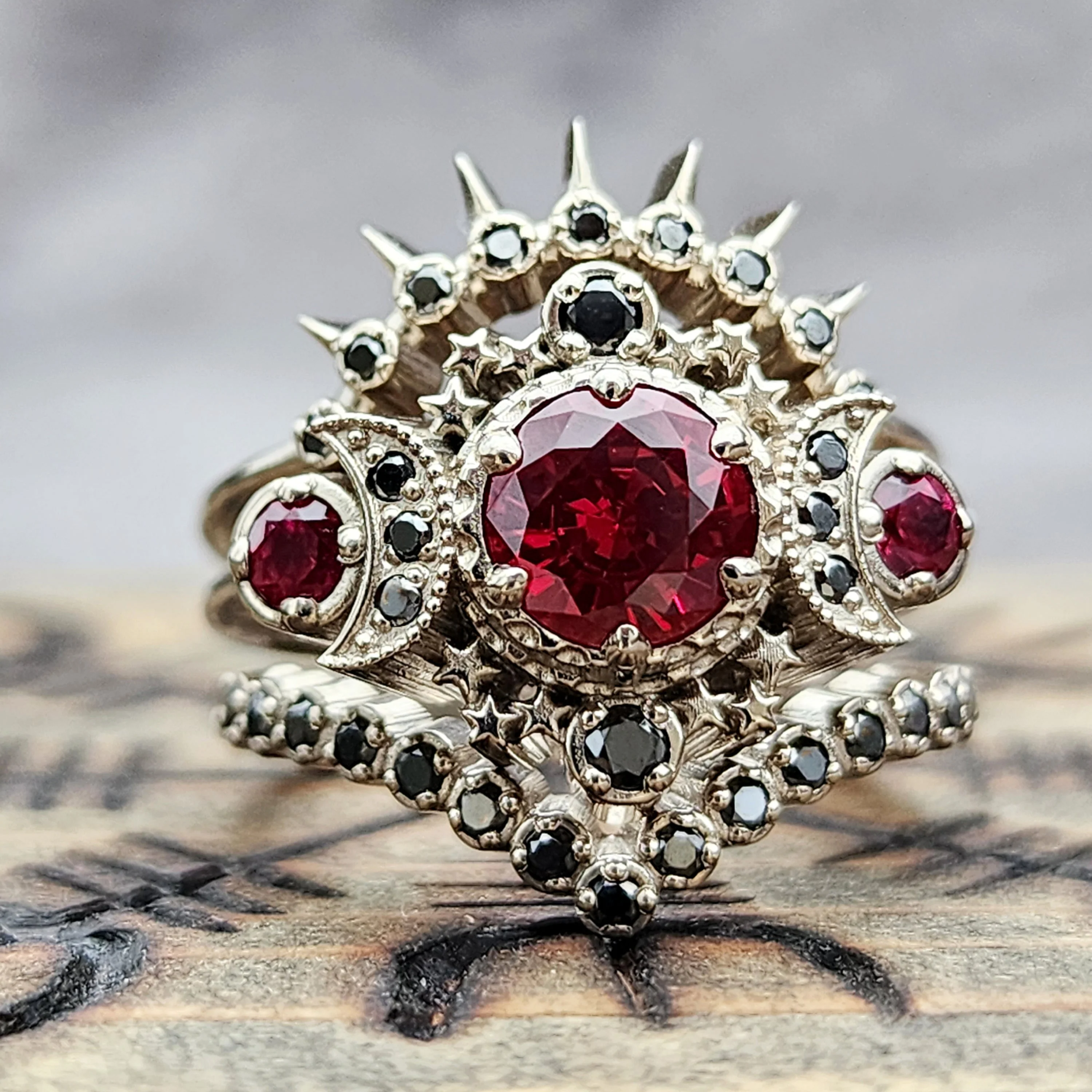 Blood Moon Black Diamond & Ruby Cosmos White Gold Moon Engagement Ring Set - Gothic Pagan Wedding Rings - Fine Handmade Jewelry - Image 2