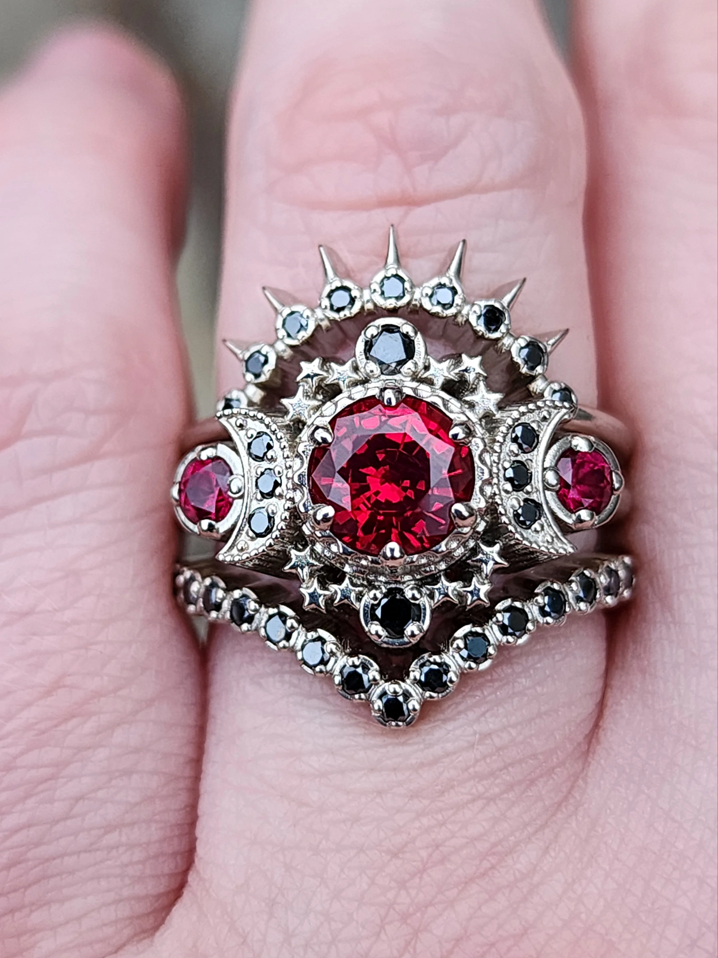 Blood Moon Black Diamond & Ruby Cosmos White Gold Moon Engagement Ring Set - Gothic Pagan Wedding Rings - Fine Handmade Jewelry - Image 5