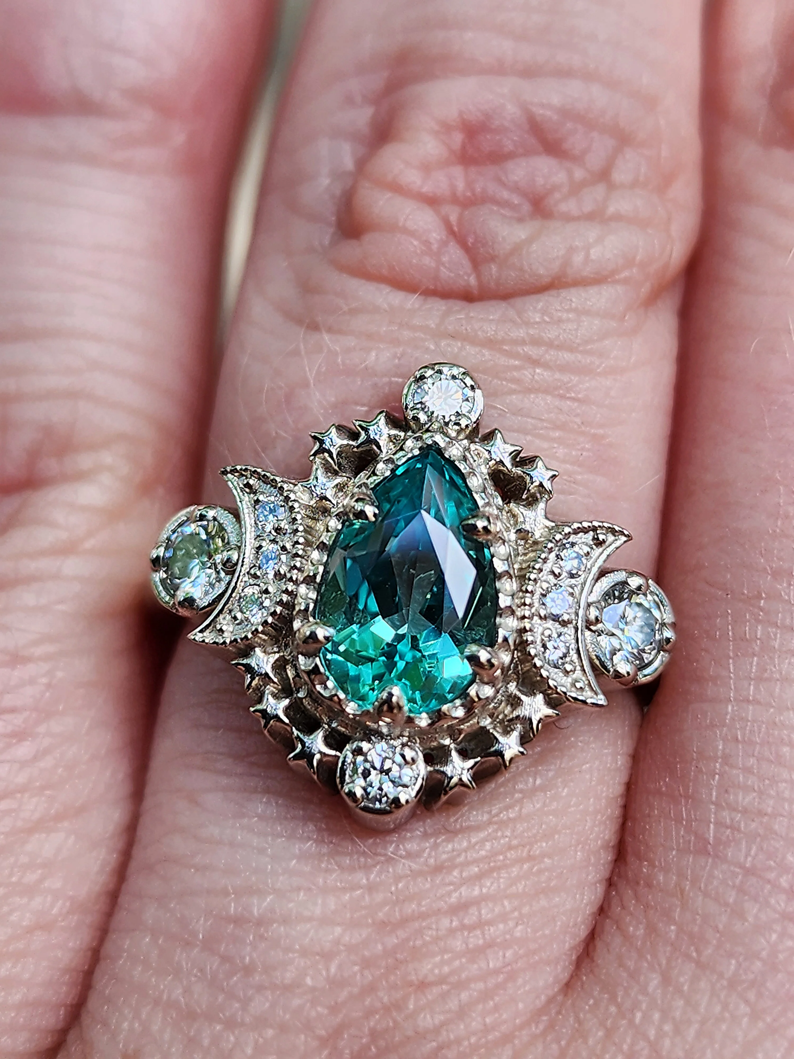 Chrysoberyl Pear Cosmos Moon Ring with Diamond Crescent Moons and Gold Stars Engagement Ring - Pick Your Center Stone - Image 8