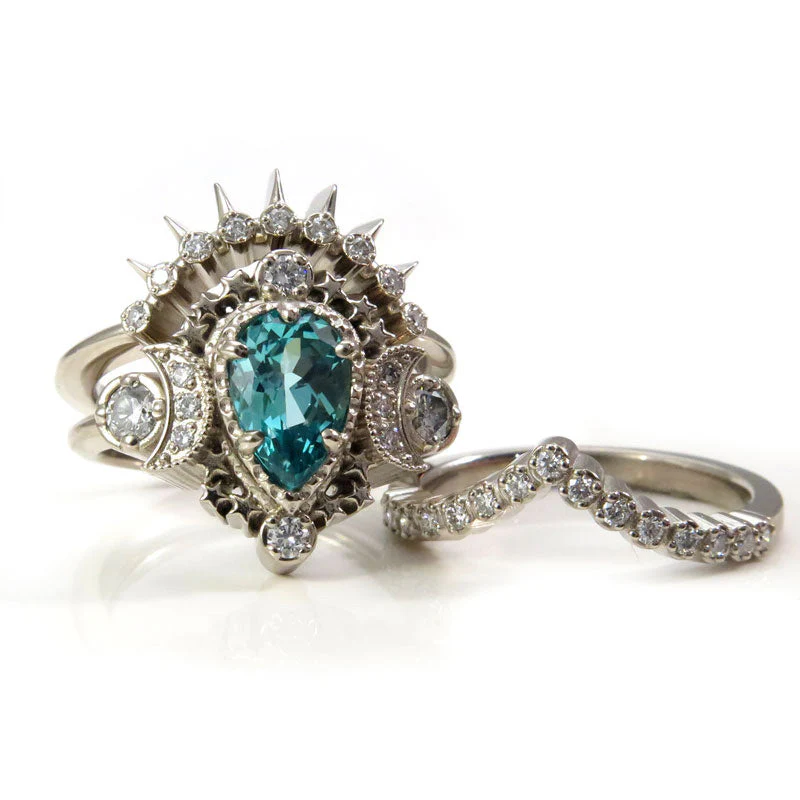 Pear Engagement Ring Set Chatham Chrysoberyl Cosmos with Sunray and Pave Diamond Wedding Band - 14k Palladium White Gold, 14k Rose Gold or 14k Yellow Gold - Custom Center Stone - Image 6