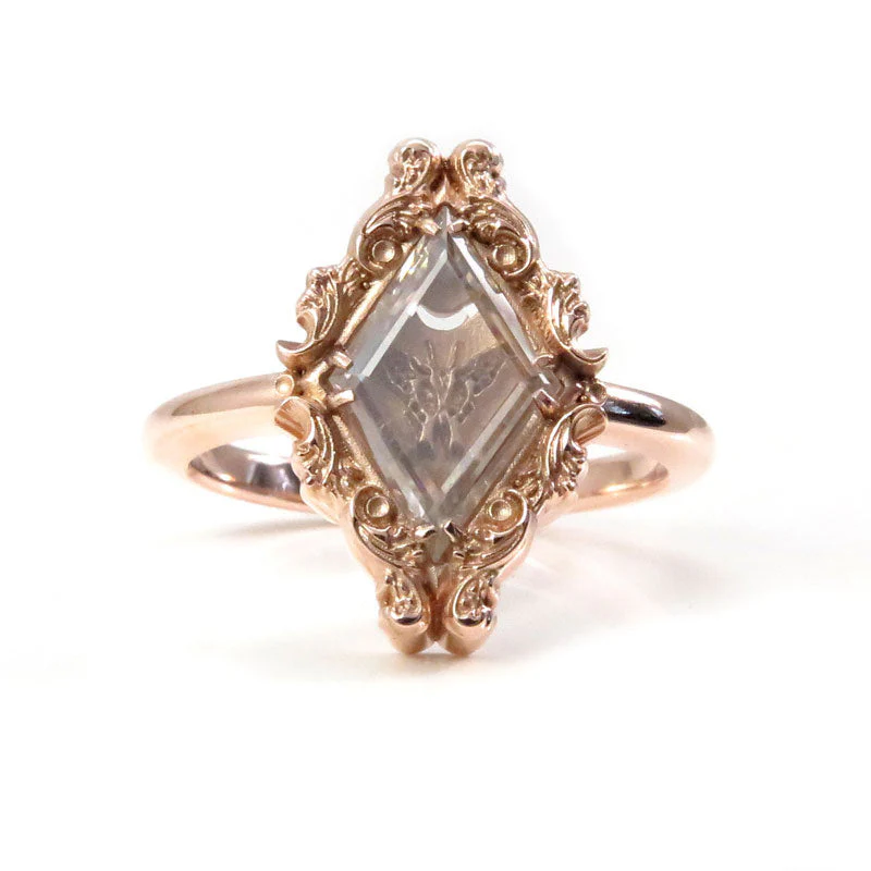 Swallowtail Butterfly Ring with Moissanite Window Pane and Open Crescent Moon - 14k Rose Gold, 14k Yellow Gold or 14k Palladium White Gold Victorian Shadowbox Inspired - Image 3