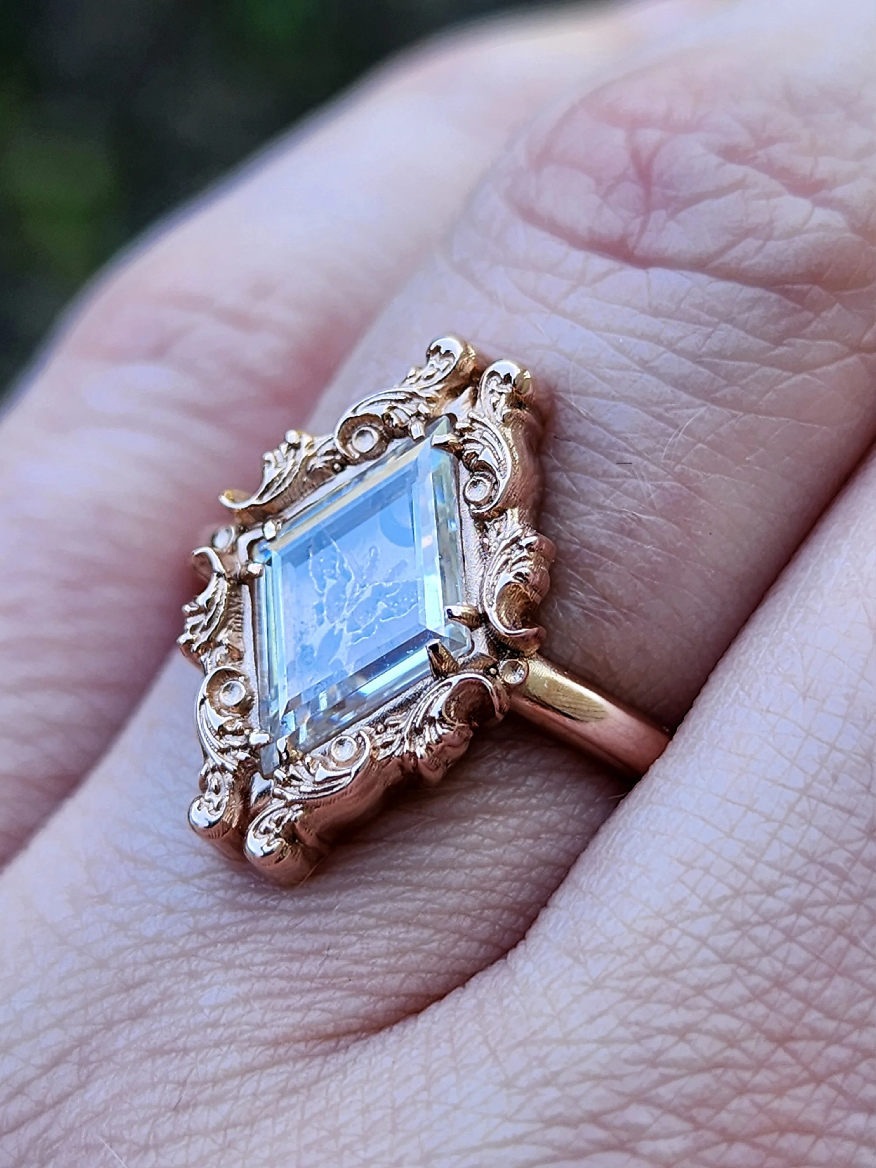 Swallowtail Butterfly Ring with Moissanite Window Pane and Open Crescent Moon - 14k Rose Gold, 14k Yellow Gold or 14k Palladium White Gold Victorian Shadowbox Inspired - Image 4