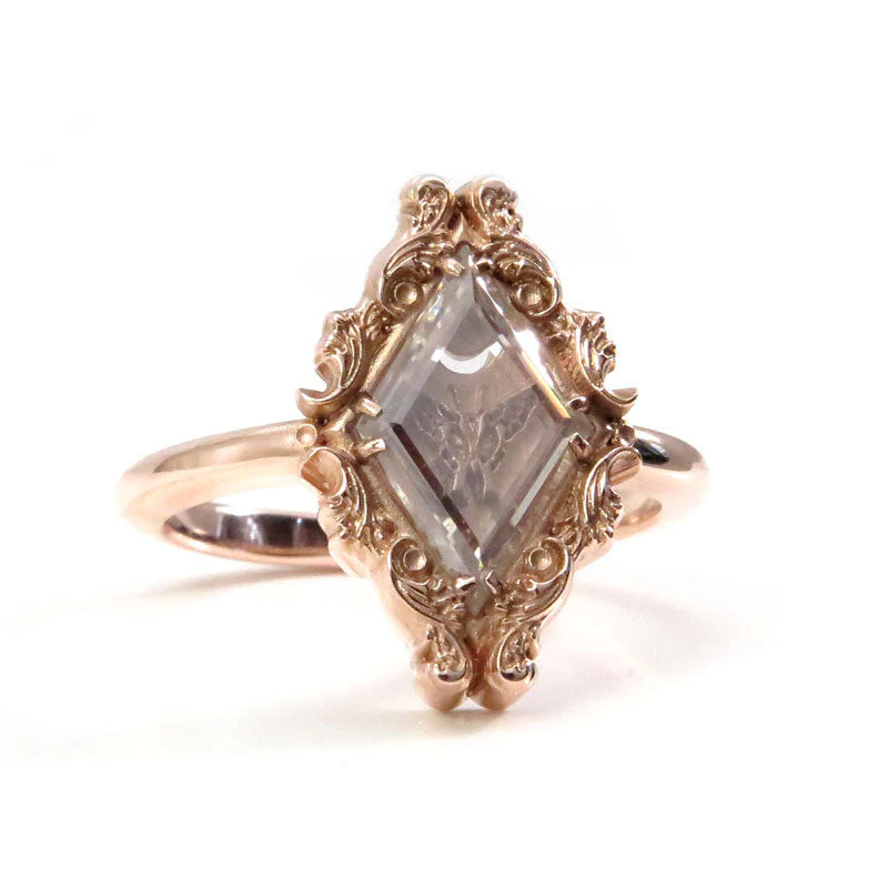 Swallowtail Butterfly Ring with Moissanite Window Pane and Open Crescent Moon - 14k Rose Gold, 14k Yellow Gold or 14k Palladium White Gold Victorian Shadowbox Inspired - Image 5