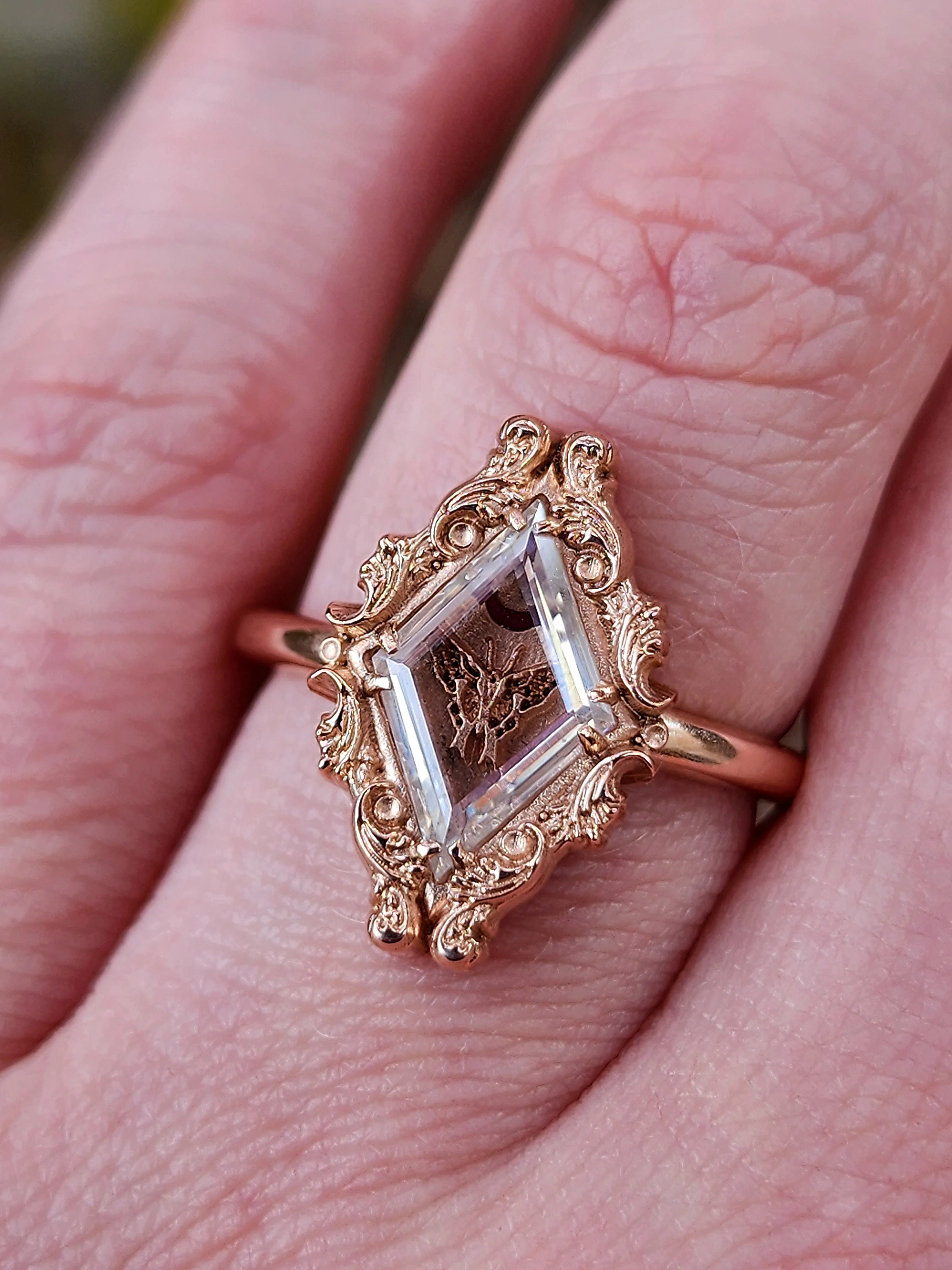 Swallowtail Butterfly Ring with Moissanite Window Pane and Open Crescent Moon - 14k Rose Gold, 14k Yellow Gold or 14k Palladium White Gold Victorian Shadowbox Inspired - Image 7