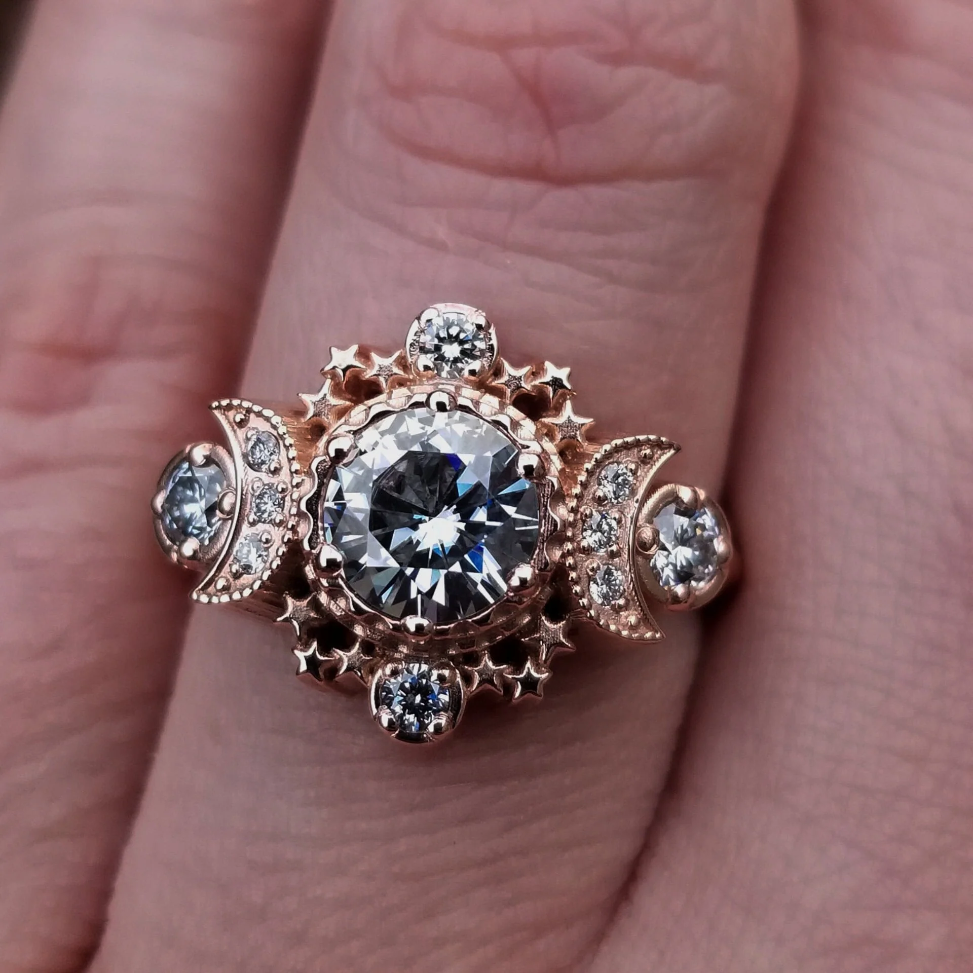 Cosmos Diamond Moon Ring Celestial Engagement - Moissanite or Diamonds Wedding Ring - Pick your Center Stone - Handcrafted Fine Jewelry - Image 12