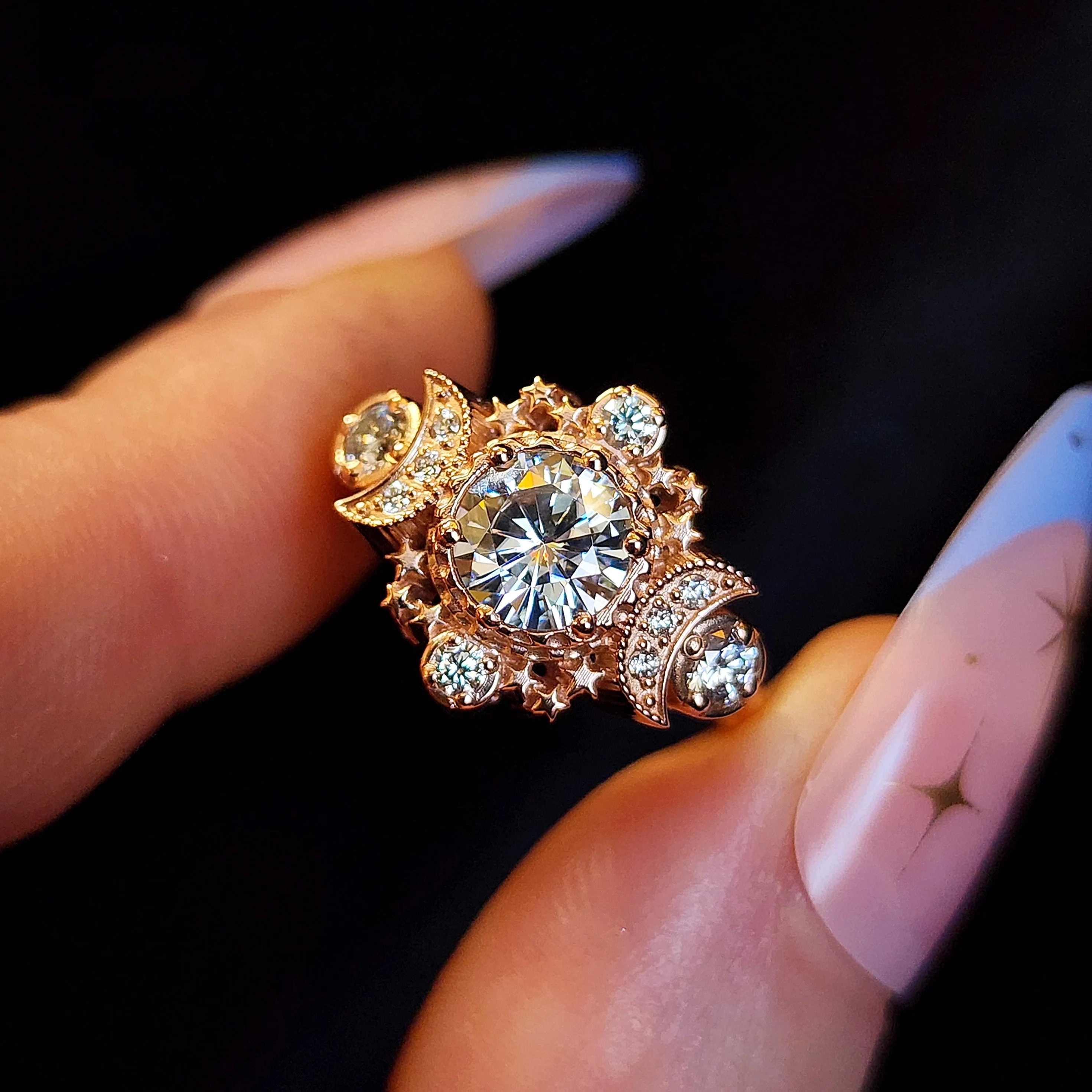 Cosmos Diamond Moon Ring Celestial Engagement - Moissanite or Diamonds Wedding Ring - Pick your Center Stone - Handcrafted Fine Jewelry - Image 2