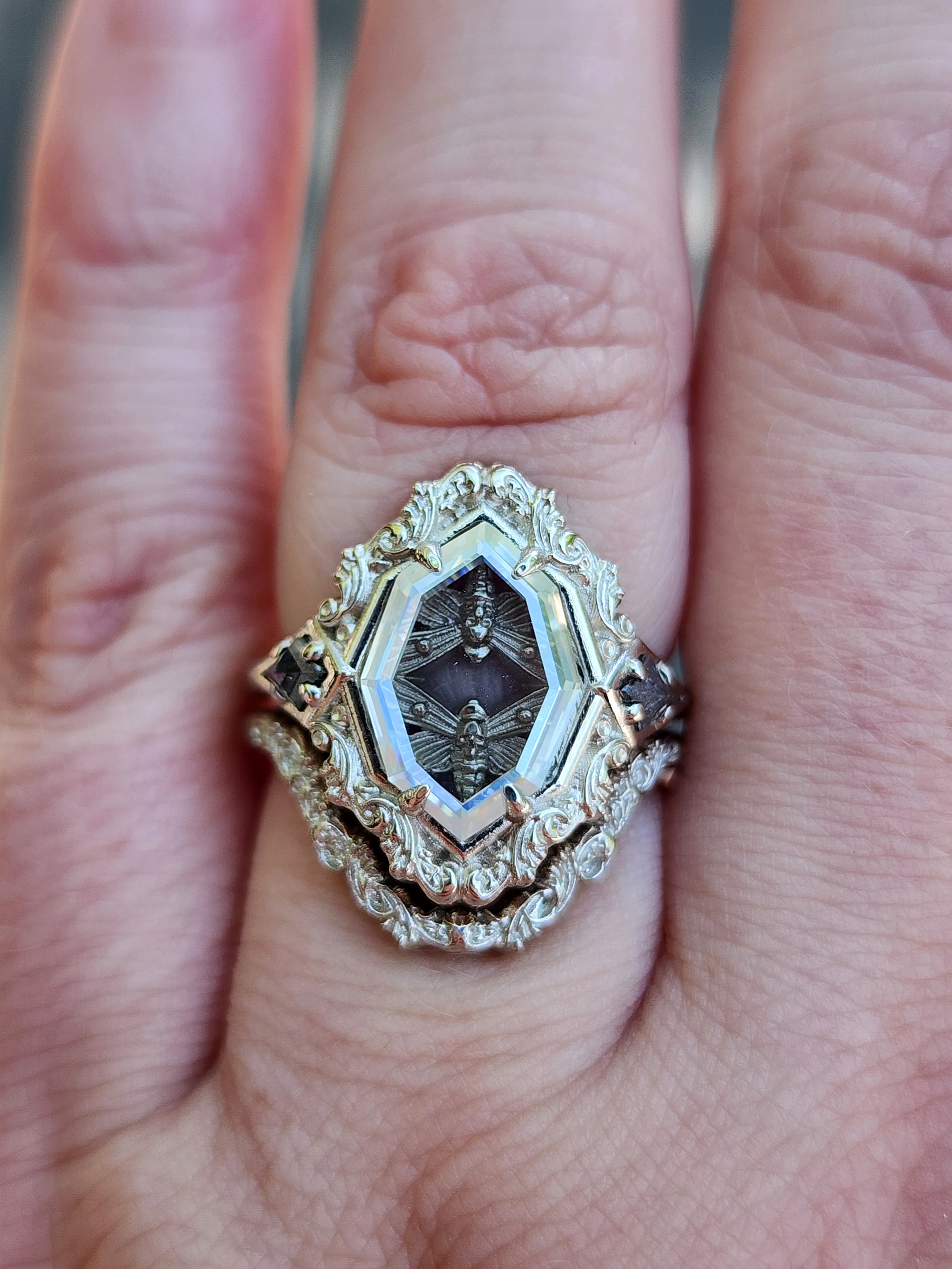 Death Head Hawk Moth Shadowbox Ring Set with Salt and Pepper Diamonds - Gothic Engagement Ring Set - Image 8