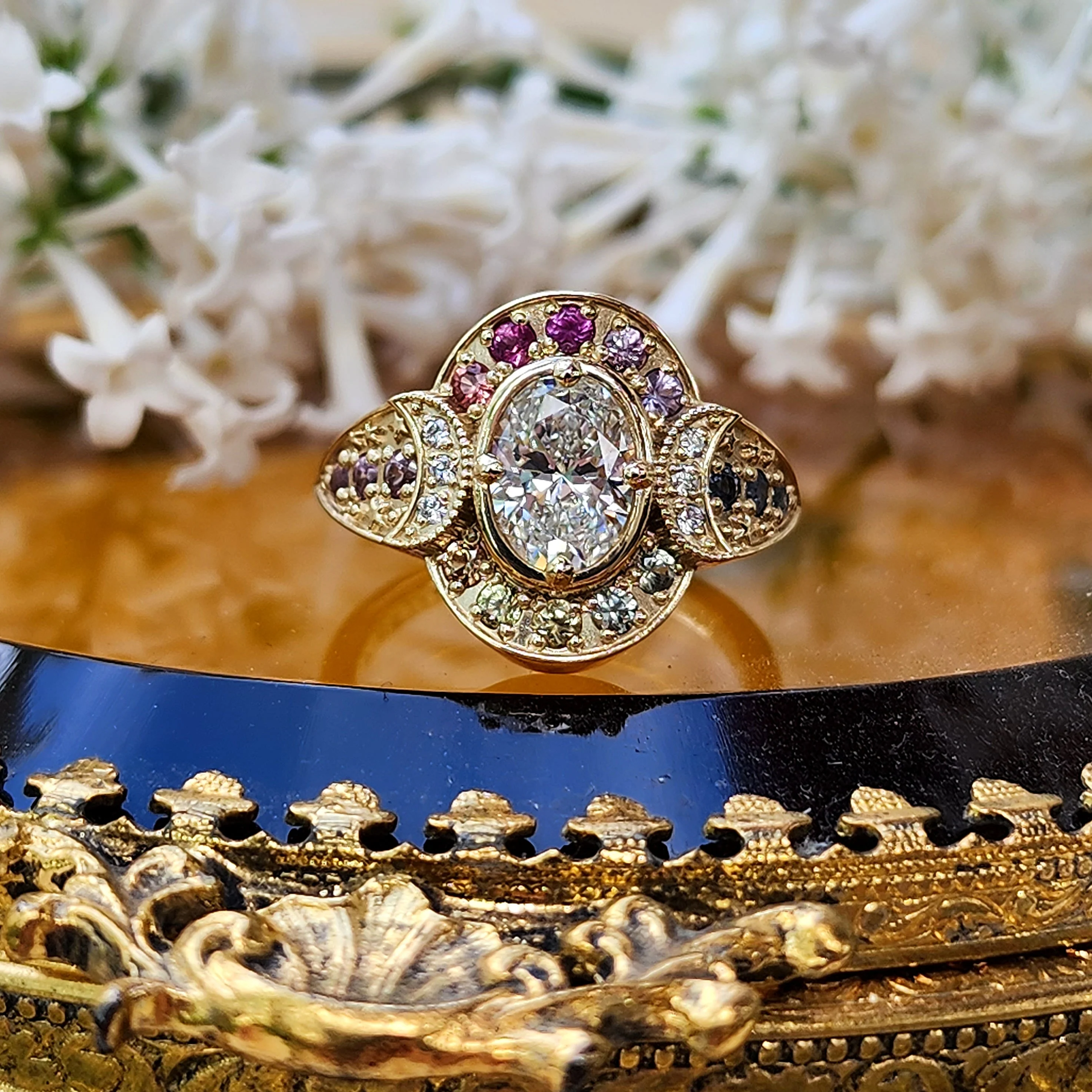 Spectrum Moon Ring with Lab Diamond Oval Natural Rainbow Sapphire Halo and Gold Stardust - Modern Bohemian Eclectic Celestial Engagemet Ring - Pick your Lab Diamond or Moissanite Center Stone - Image 2