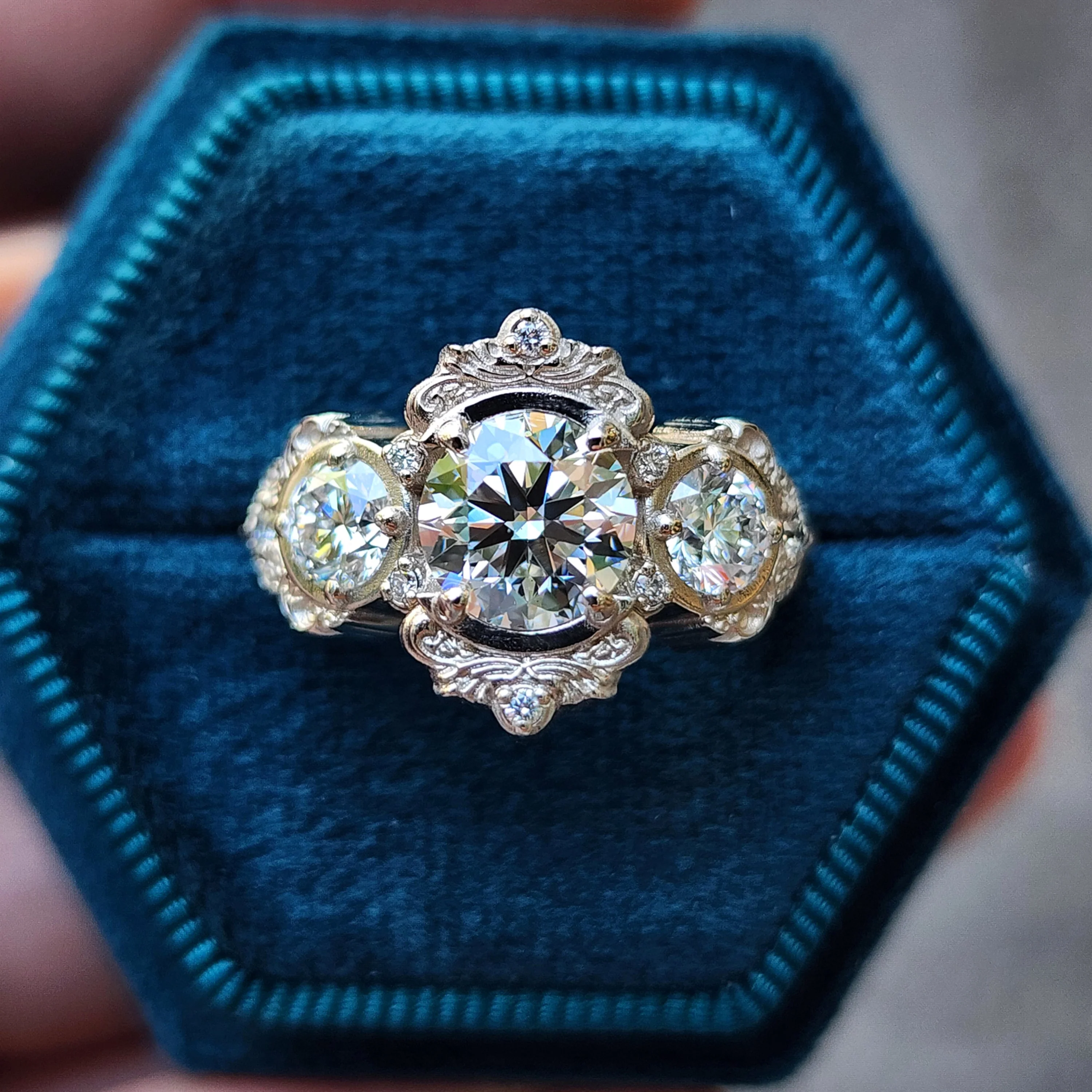 Diamond Georgette 3 Stone Engagement Ring Set with Gold Filigree Details