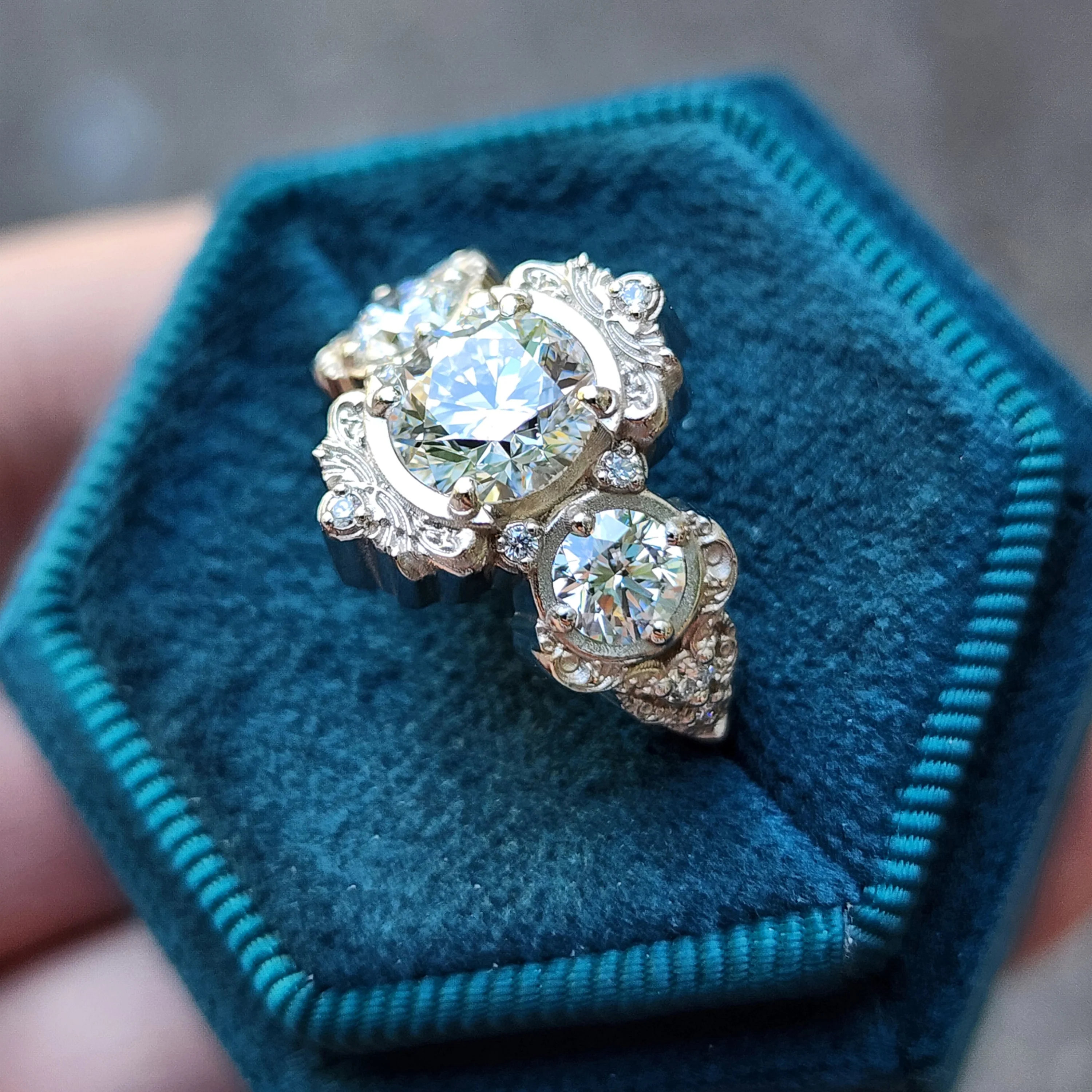 Diamond Georgette 3 Stone Engagement Ring Set with Gold Filigree Details - Image 11