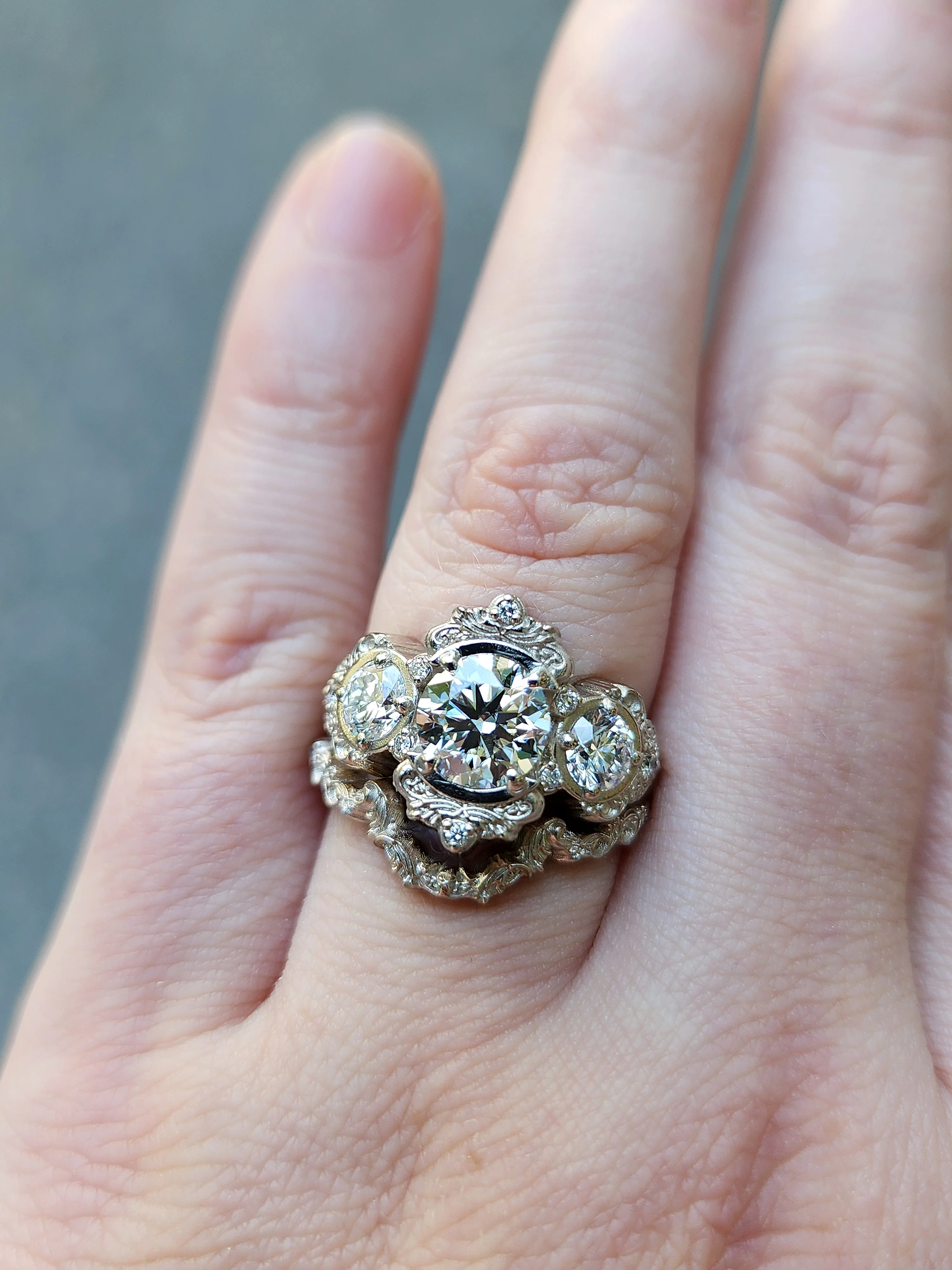 Diamond Georgette 3 Stone Engagement Ring Set with Gold Filigree Details - Image 14