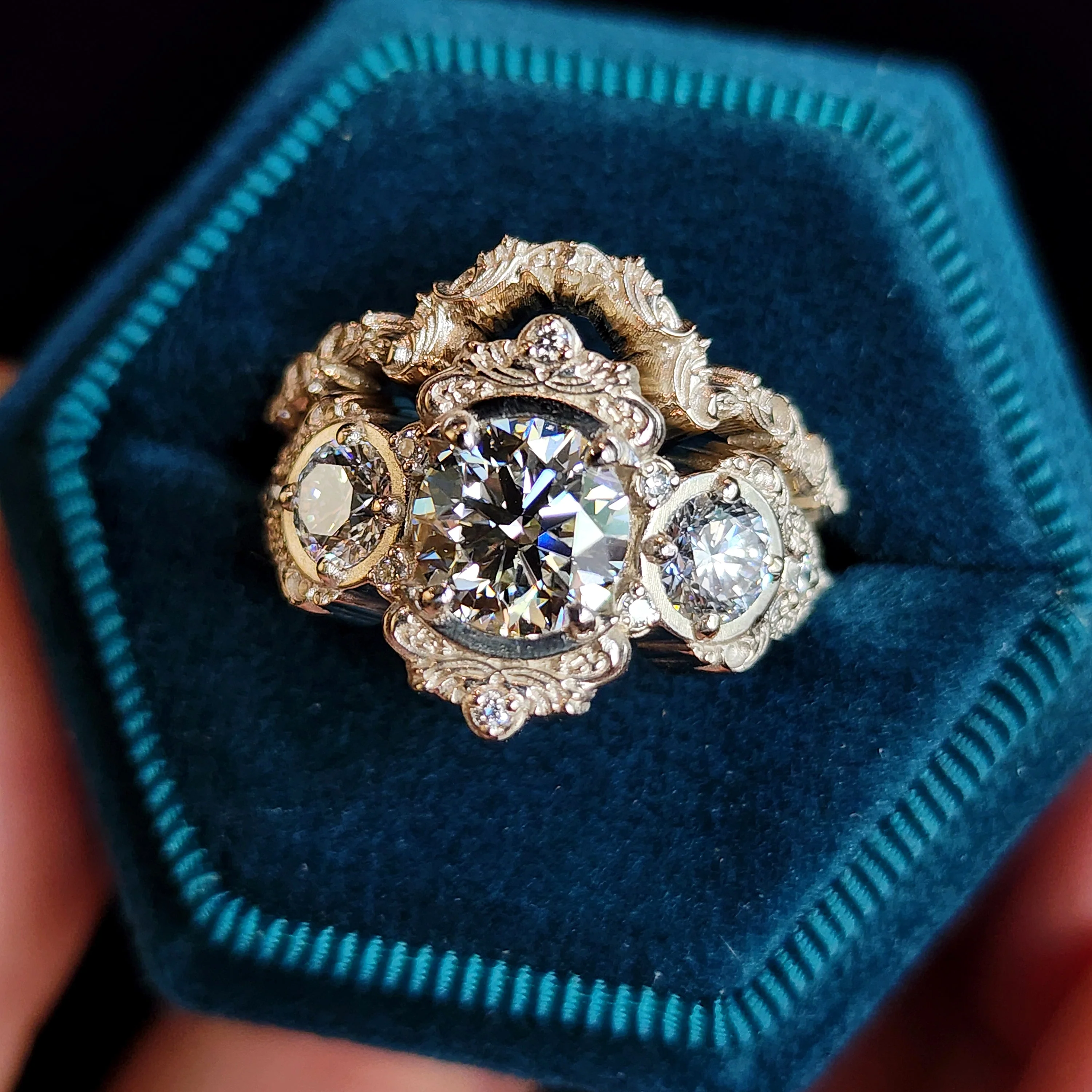 Diamond Georgette 3 Stone Engagement Ring Set with Gold Filigree Details - Image 3