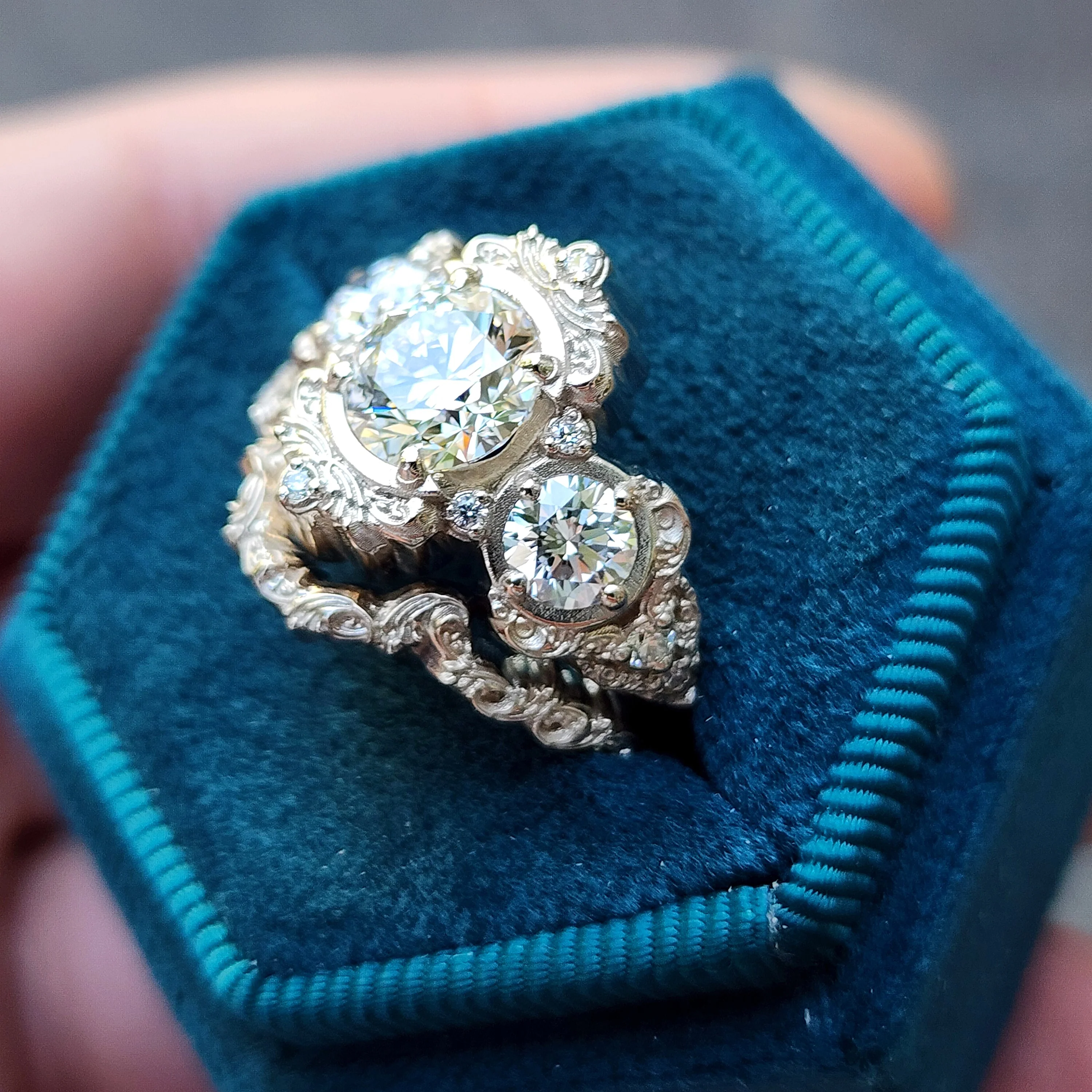 Diamond Georgette 3 Stone Engagement Ring Set with Gold Filigree Details - Image 6