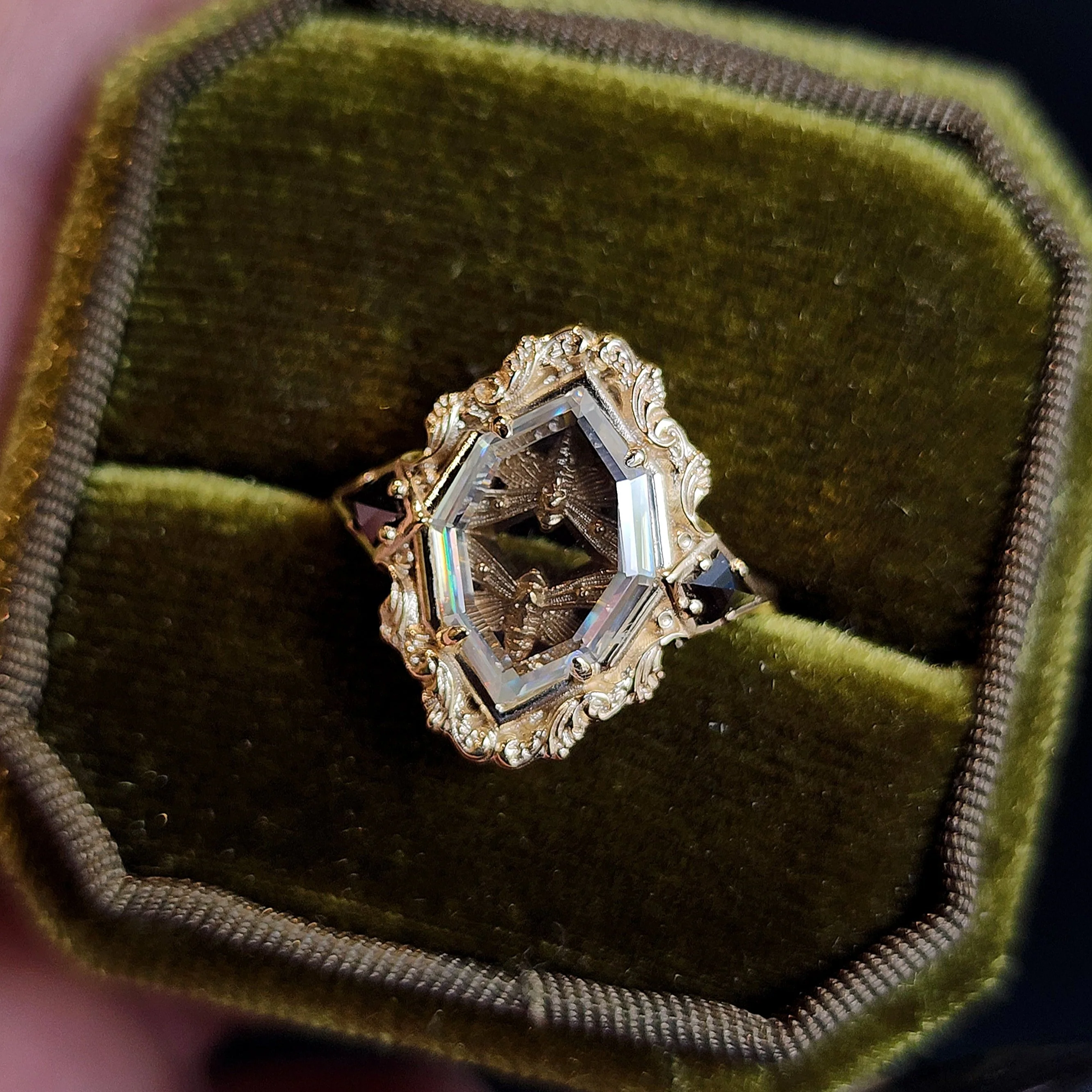 Double Death Head Hawk Moth Shadow Box ring with 14k Gold Scrolls and Black Diamond Kites - Curiosities and Oddities Fine Gothic Jewelry - Image 8