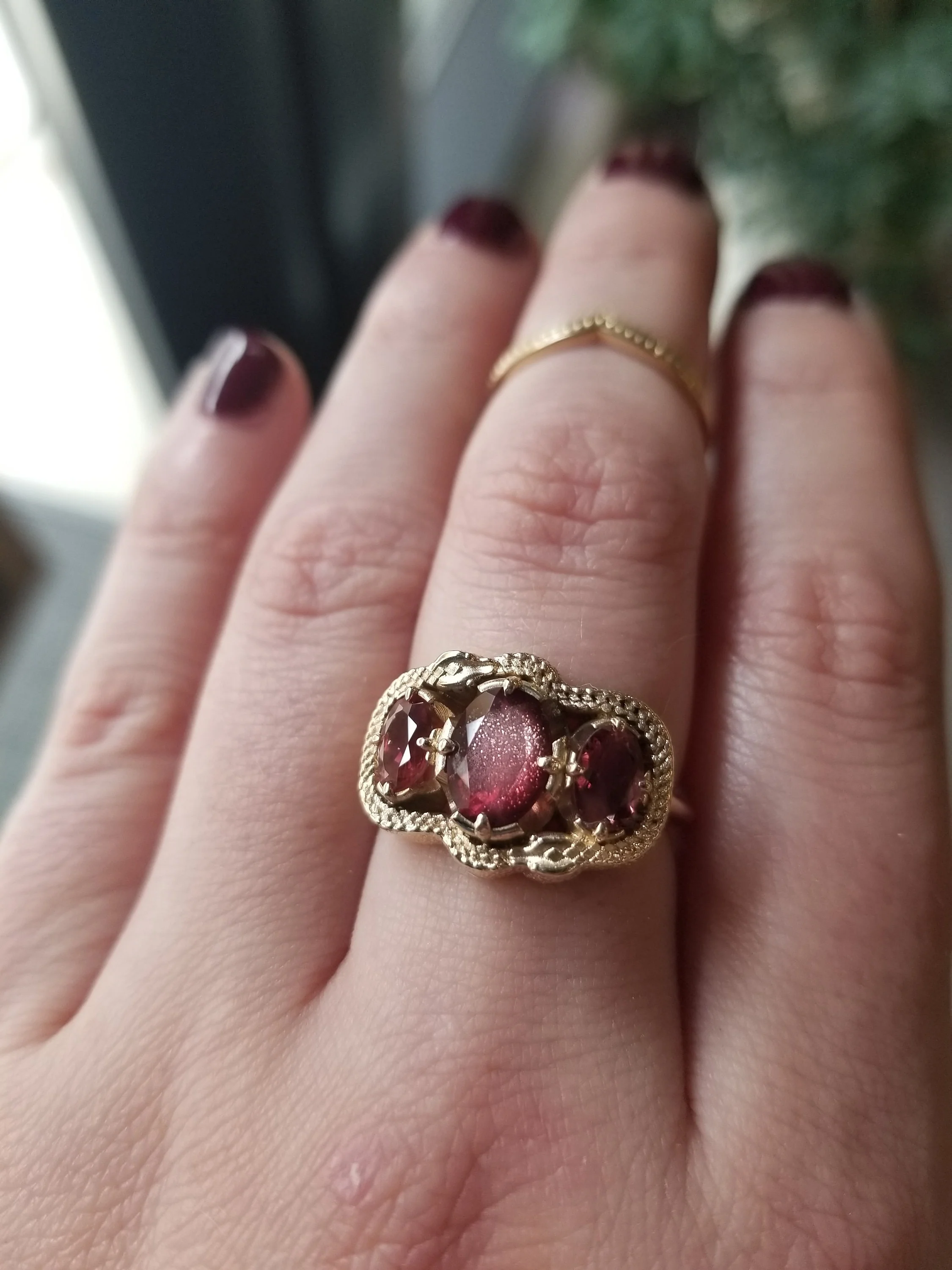 Double Ouroboros Oregon Sunstone & Moonstone 3 Stone Oval Gothic Snake Engagement Ring - 14k Gold - Image 10