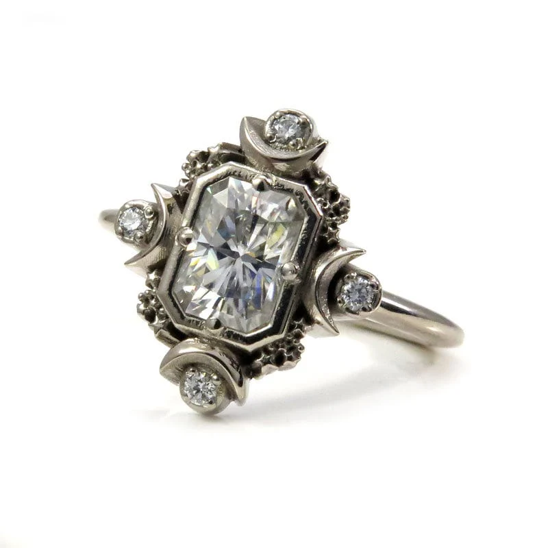 Emerald Cut Artemis Moon Engagement Ring with Radiant Cut Moissanite - Celestial Goddess Engagement - Image 3