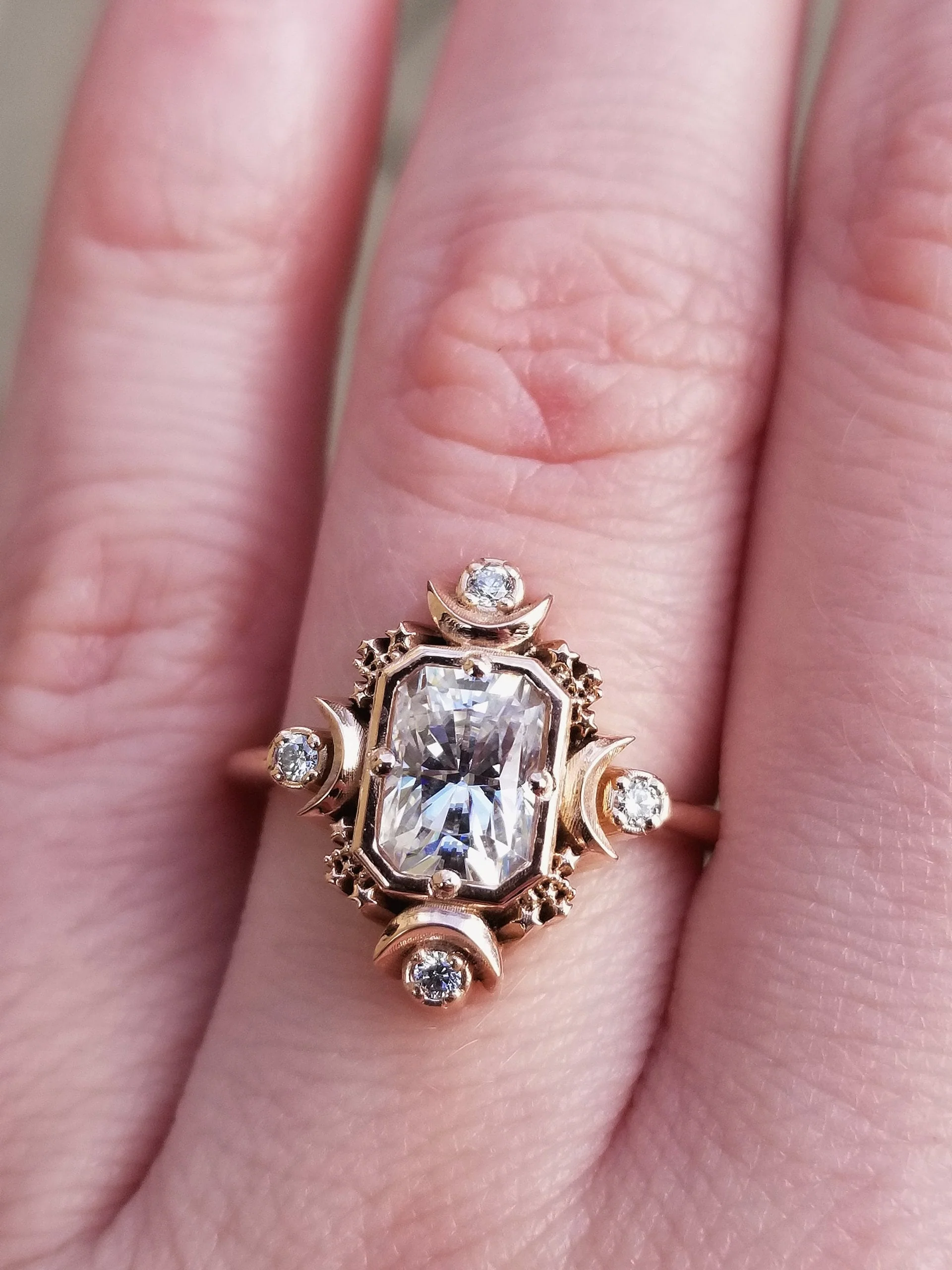 Emerald Cut Artemis Moon Engagement Ring with Radiant Cut Moissanite - Celestial Goddess Engagement - Image 4