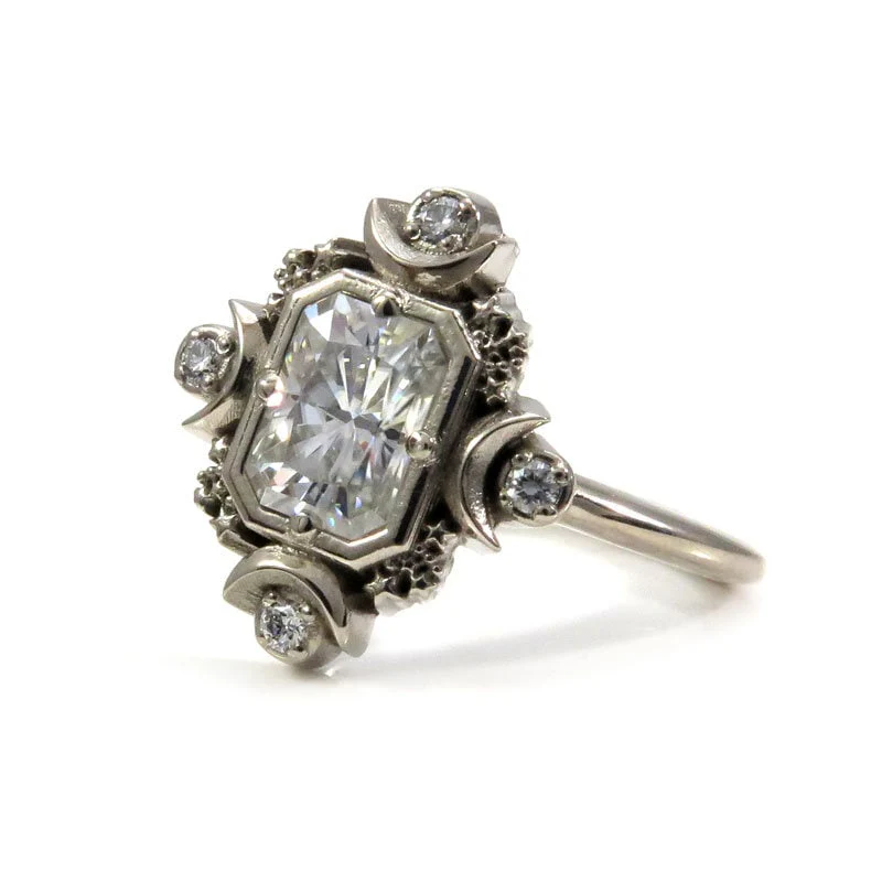 Emerald Cut Artemis Moon Engagement Ring with Radiant Cut Moissanite - Celestial Goddess Engagement - Image 6