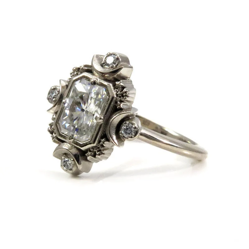 Emerald Cut Artemis Moon Engagement Ring with Radiant Cut Moissanite - Celestial Goddess Engagement - Image 7