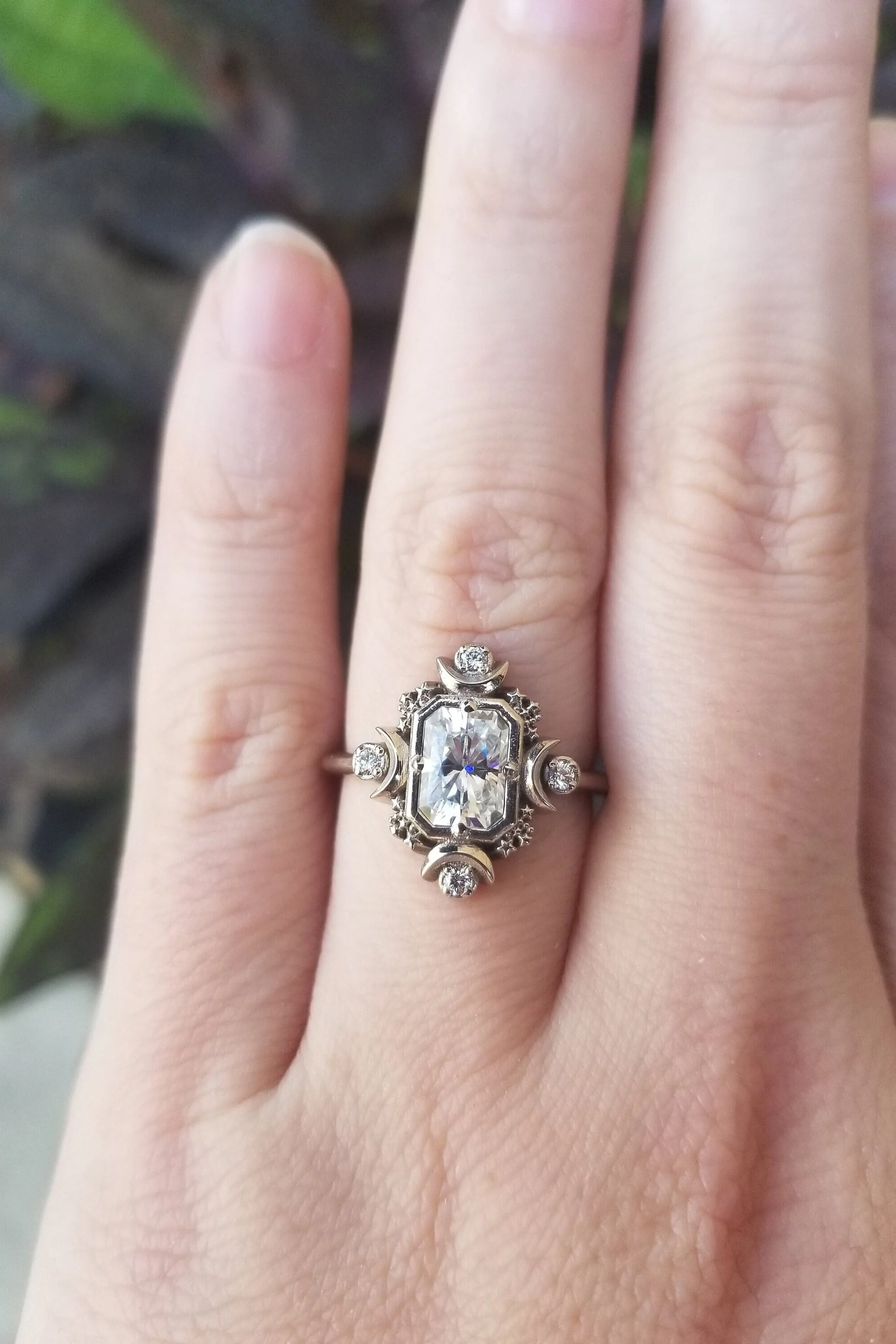 Emerald Cut Artemis Moon Engagement Ring with Radiant Cut Moissanite - Celestial Goddess Engagement - Image 8