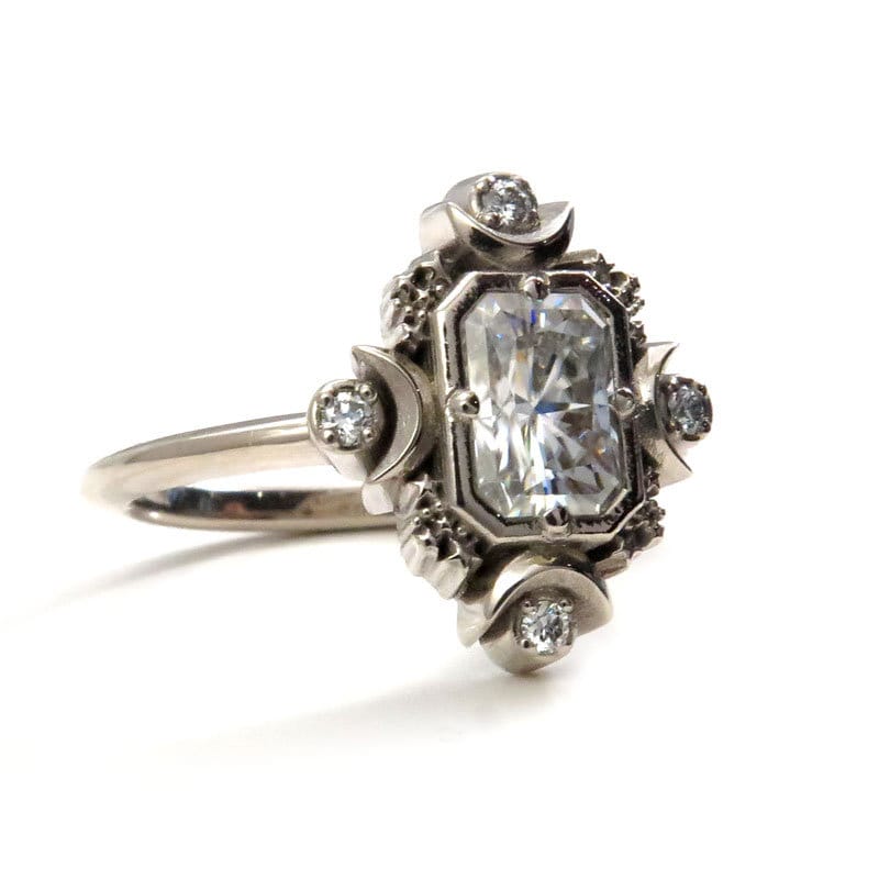 Emerald Cut Artemis Moon Engagement Ring with Radiant Cut Moissanite - Celestial Goddess Engagement - Image 9