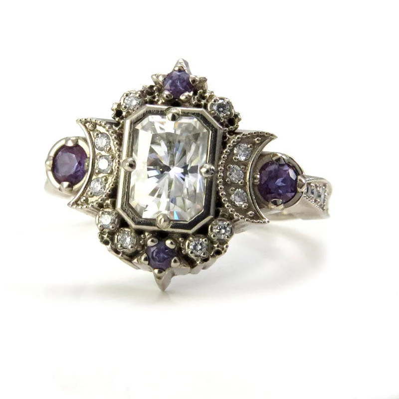 Emerald Cut Selene Moon Goddess Engagement Ring - Moissanite , Diamond and Chatham Alexandrite - 14k Palladium White Gold - Image 2
