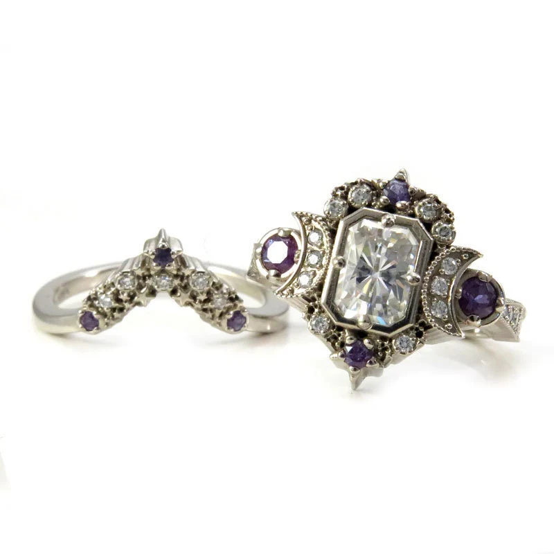 Radiant Emerald Cut Selene Moon Goddess Engagement Ring Set - Moissanite , Diamond and Chatham Alexandrite - 14k Palladium White Gold - Image 3