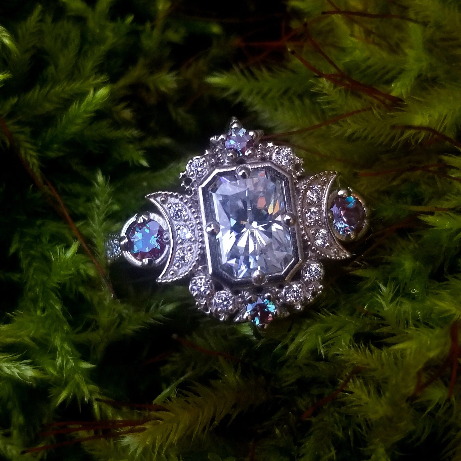 Radiant Emerald Cut Selene Moon Goddess Engagement Ring Set - Moissanite , Diamond and Chatham Alexandrite - 14k Palladium White Gold - Image 4