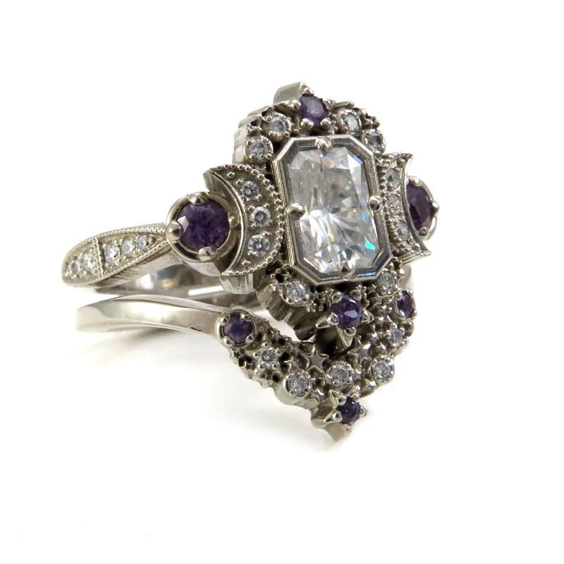 Radiant Emerald Cut Selene Moon Goddess Engagement Ring Set - Moissanite , Diamond and Chatham Alexandrite - 14k Palladium White Gold - Image 5
