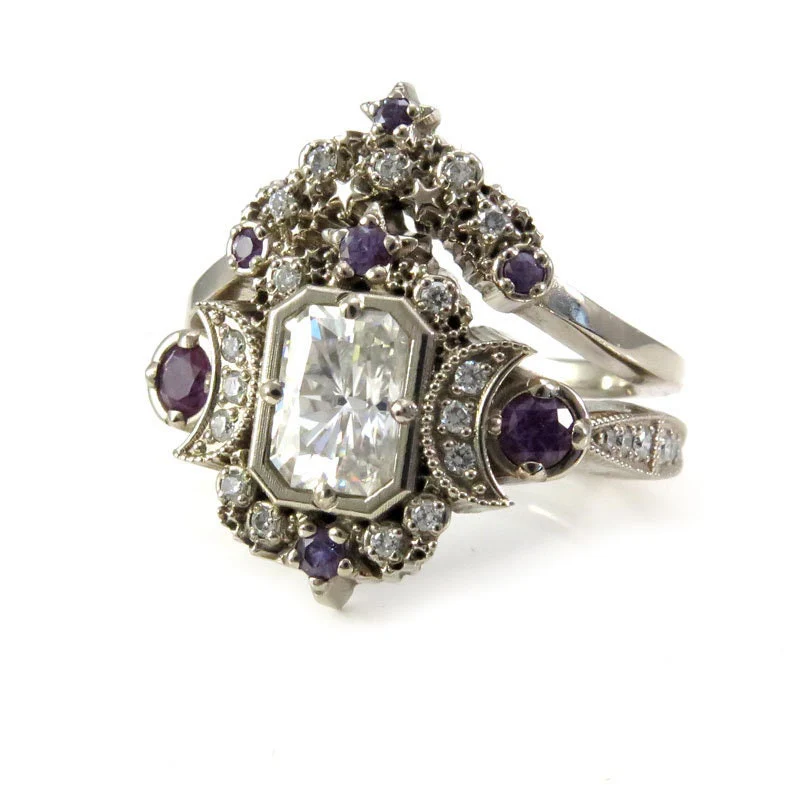 Radiant Emerald Cut Selene Moon Goddess Engagement Ring Set - Moissanite , Diamond and Chatham Alexandrite - 14k Palladium White Gold - Image 6