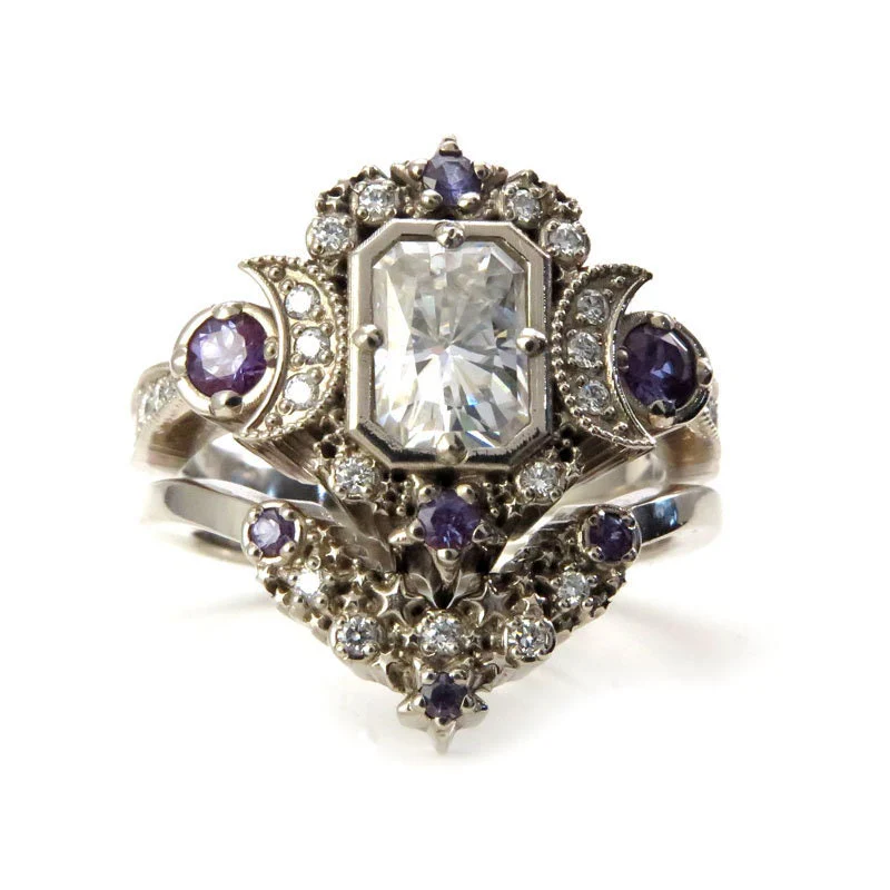 Radiant Emerald Cut Selene Moon Goddess Engagement Ring Set - Moissanite , Diamond and Chatham Alexandrite - 14k Palladium White Gold - Image 7