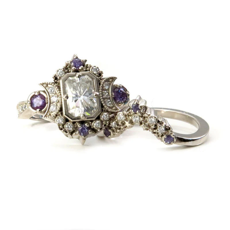 Radiant Emerald Cut Selene Moon Goddess Engagement Ring Set - Moissanite , Diamond and Chatham Alexandrite - 14k Palladium White Gold - Image 8