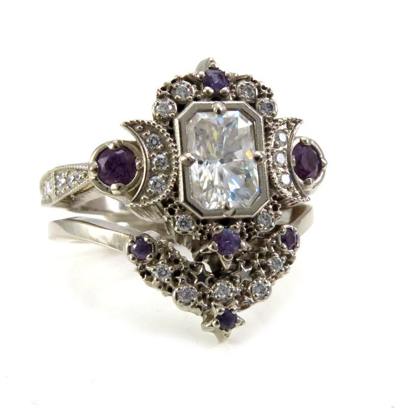 Radiant Emerald Cut Selene Moon Goddess Engagement Ring Set - Moissanite , Diamond and Chatham Alexandrite - 14k Palladium White Gold - Image 9