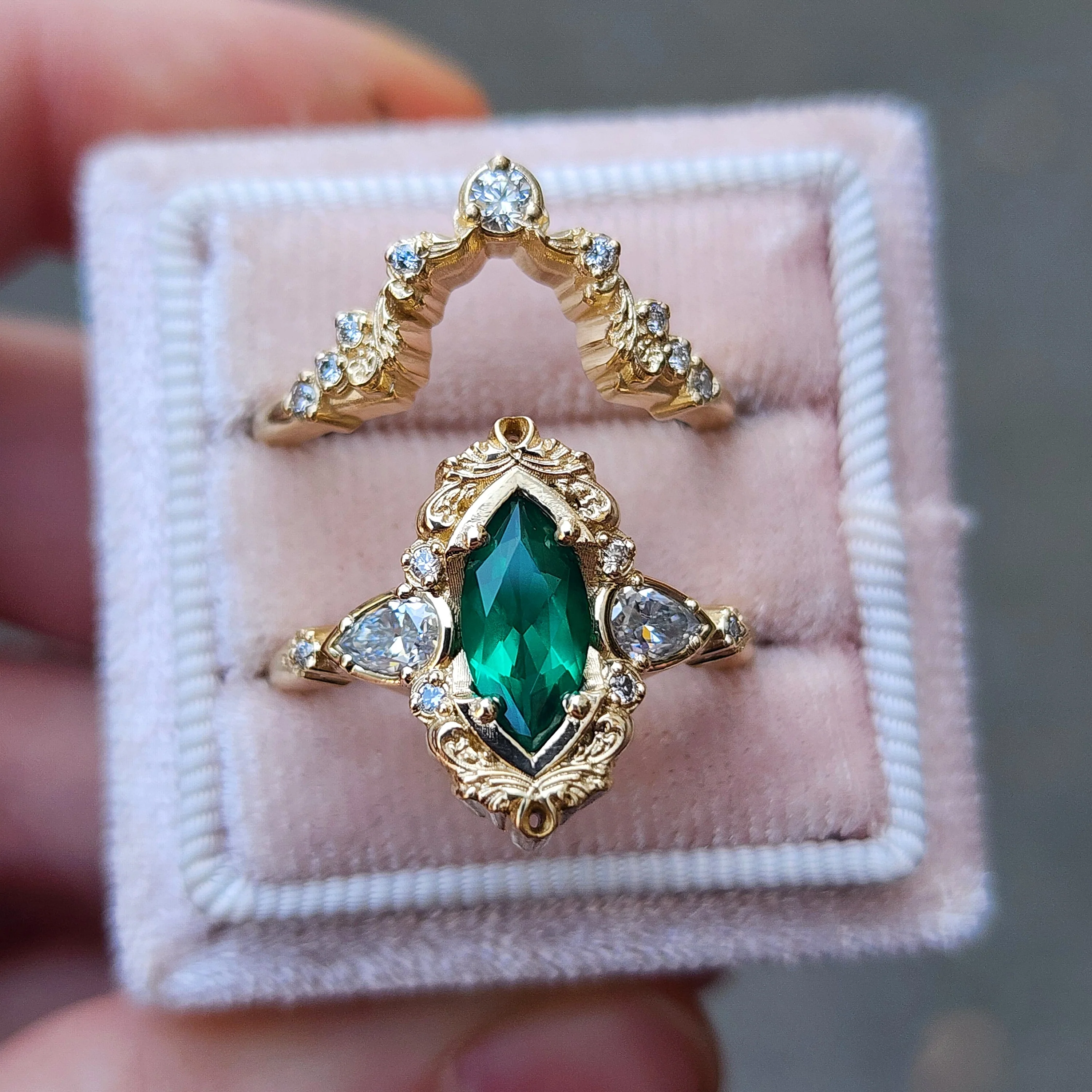 Emerald Odette Chatham Marquise Engagement Ring Set with Scrolling Gold Filigree Details - 14k Gold Handcrafted Wedding Ring Set - Pick Your Gemstone - Image 7