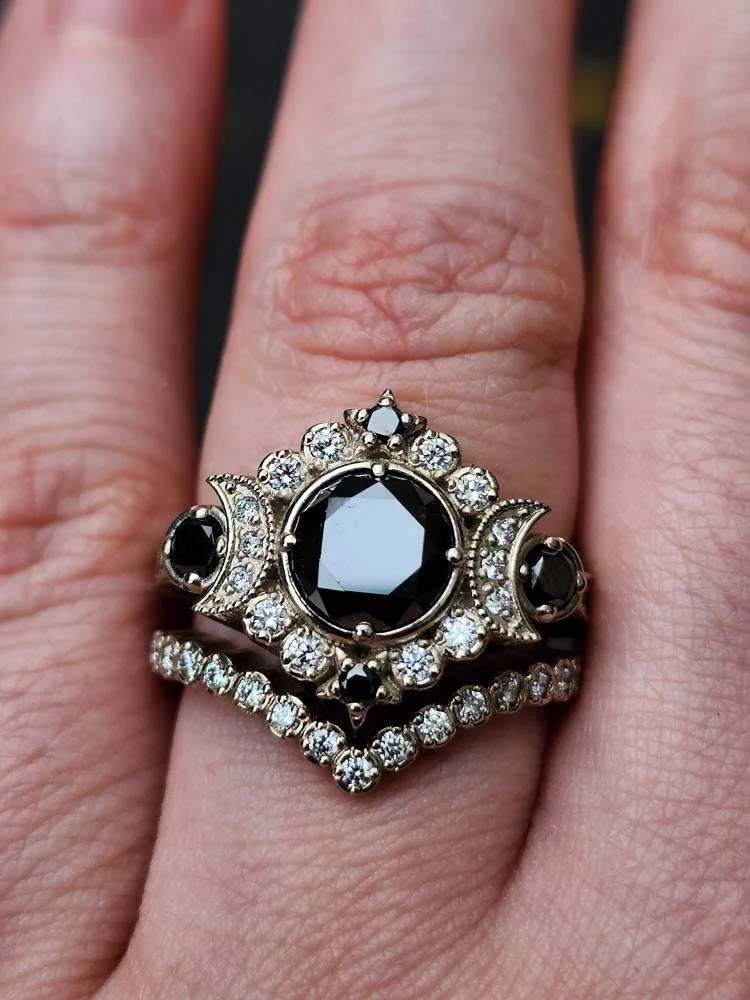 Engagement Ring Set - Black & White Diamond Selene Gothic Moon Engagement Ring Set - Celestial Bohemian -14k Rose, Yellow or White Gold - Image 10