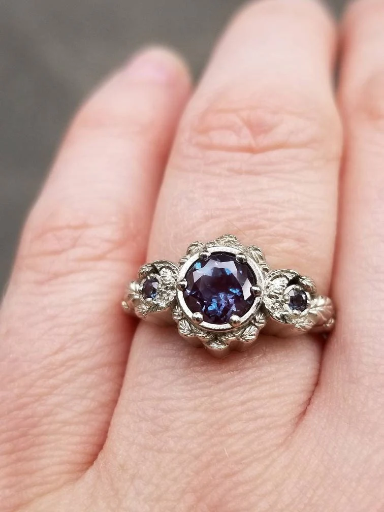 Engagement Ring with Chatham Alexandrite Leaf and Crescent Moon Ring - 14k Rose, Yellow or White Gold - Nature Antique Inspired Jewelry - Image 10