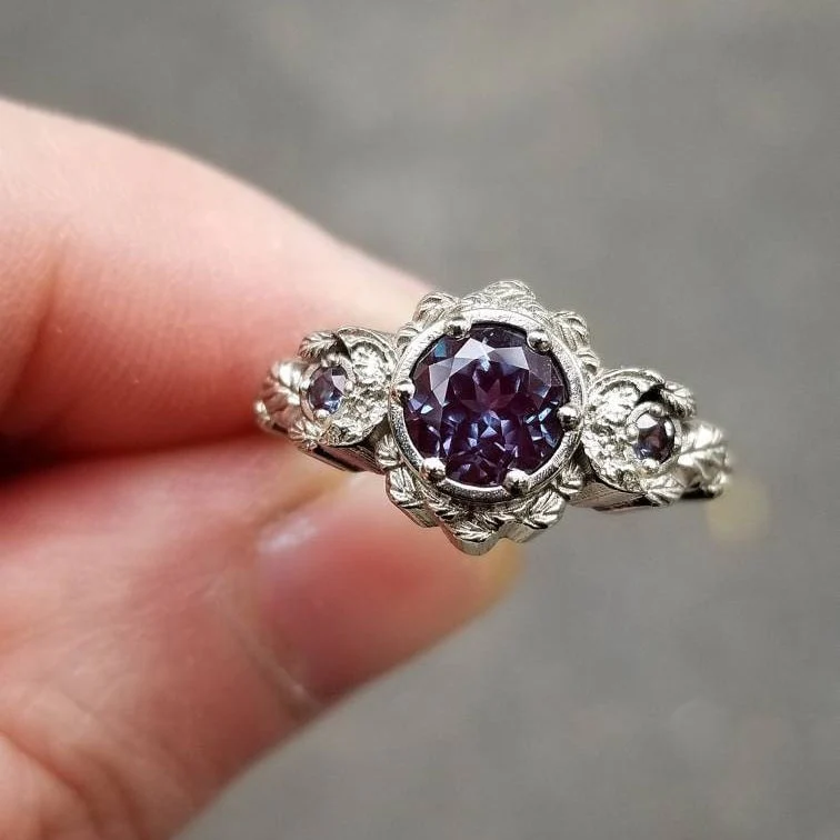 Engagement Ring with Chatham Alexandrite Leaf and Crescent Moon Ring - 14k Rose, Yellow or White Gold - Nature Antique Inspired Jewelry - Image 3