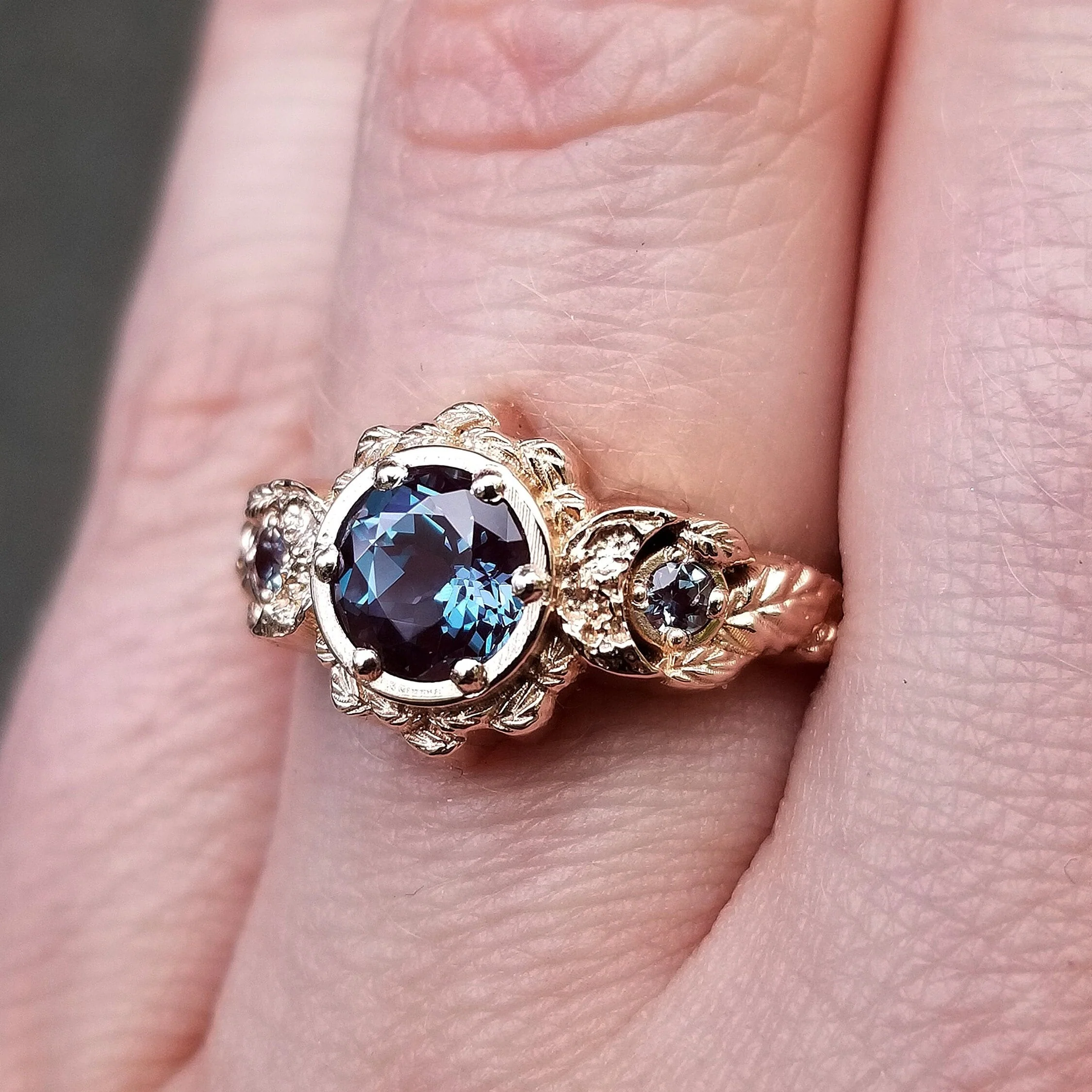 Engagement Ring with Chatham Alexandrite Leaf and Crescent Moon Ring - 14k Rose, Yellow or White Gold - Nature Antique Inspired Jewelry - Image 4