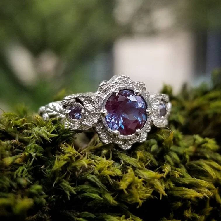 Engagement Ring with Chatham Alexandrite Leaf and Crescent Moon Ring - 14k Rose, Yellow or White Gold - Nature Antique Inspired Jewelry - Image 8